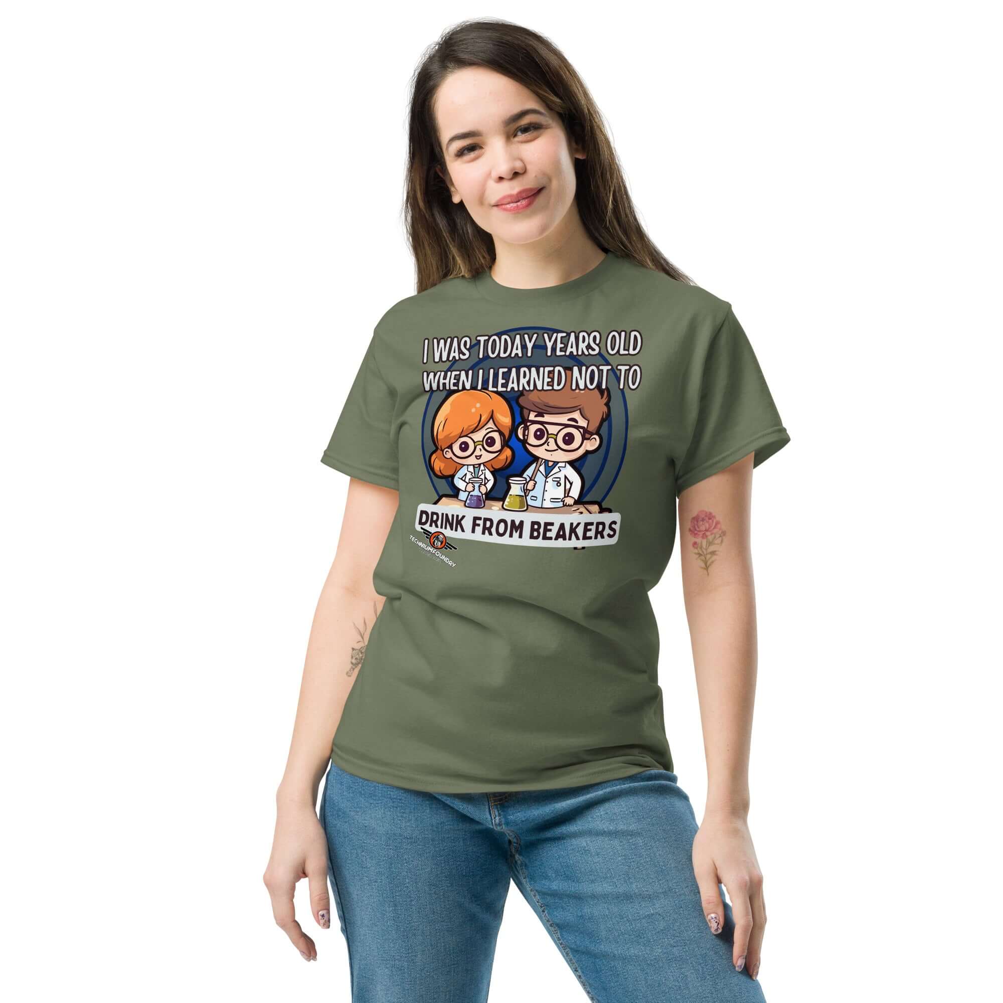 Woman wearing 'I Was Today Years Old' funny chemistry t-shirt with kawaii scientists and lab safety message.