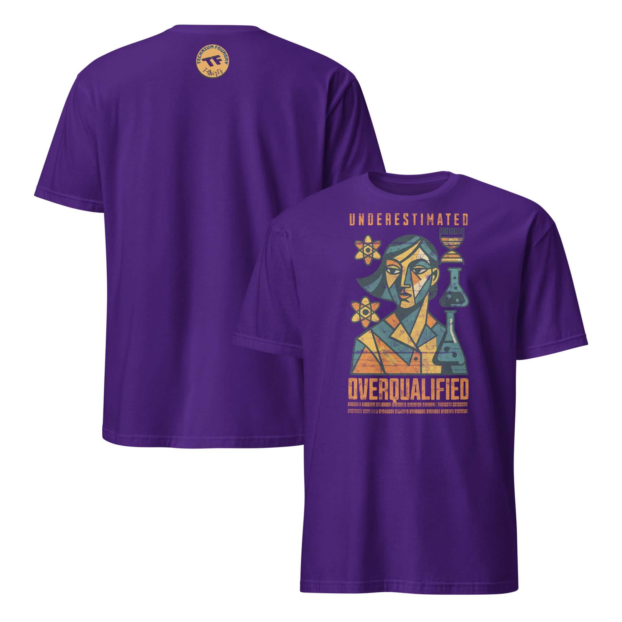 Underestimated Overqualified Women STEM T-Shirt with binary code empowerment design on purple background.