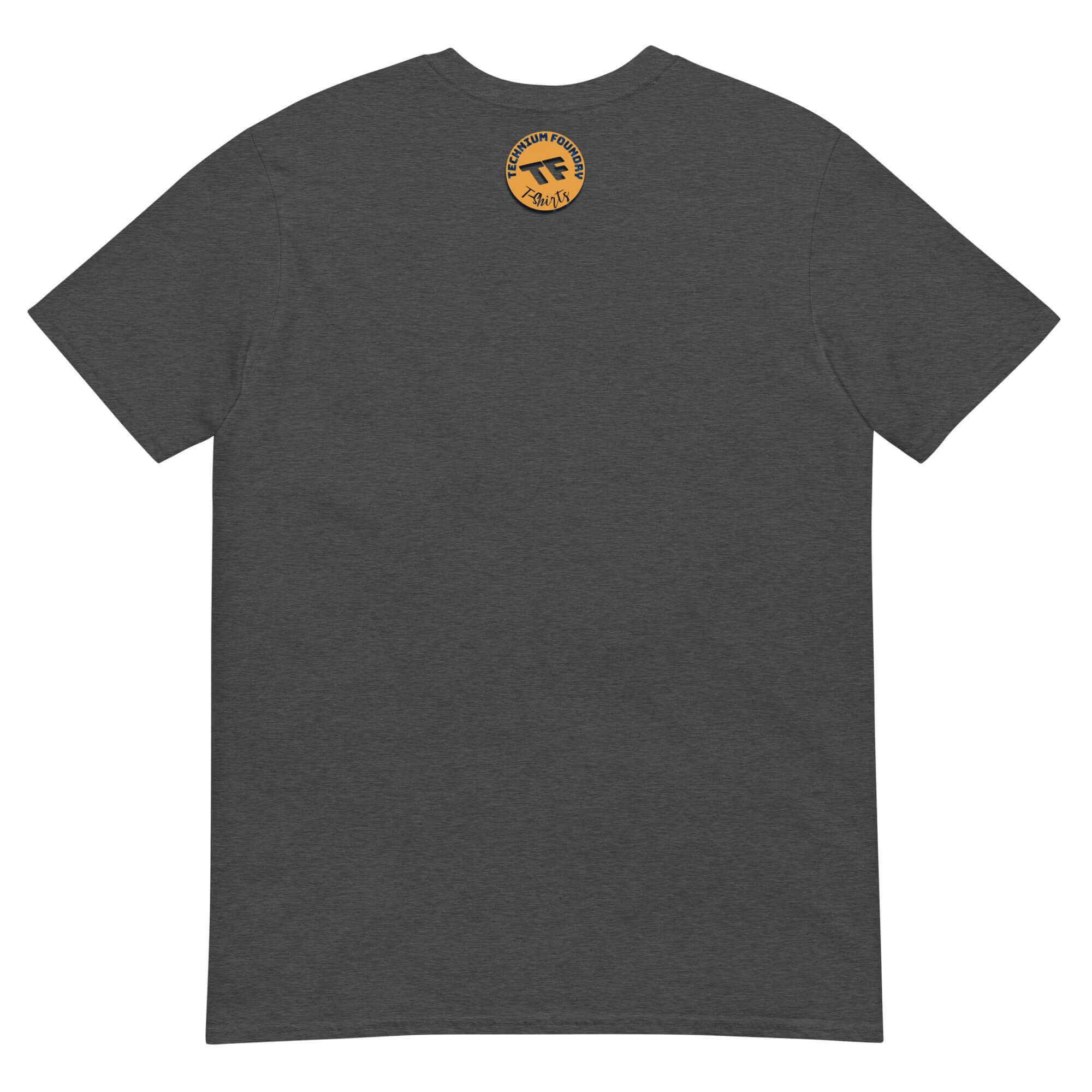 Back view of dark gray Underestimated Overqualified Women STEM T-Shirt with logo design, empowering women in science.