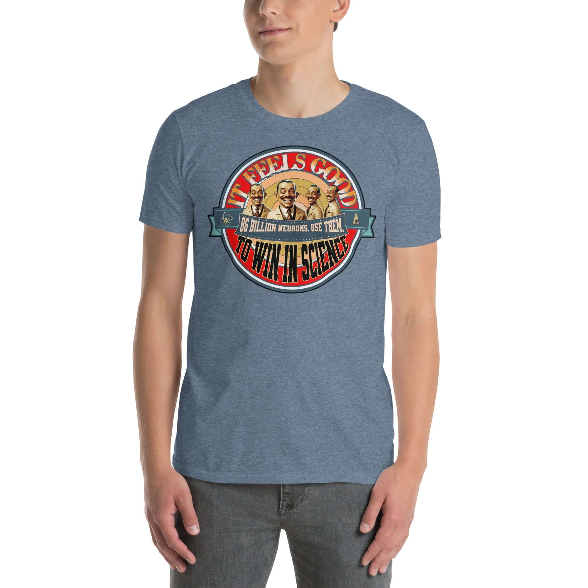Man wearing "It Feels Good To Win In Science" t-shirt featuring vintage character design, celebrating academic achievements.