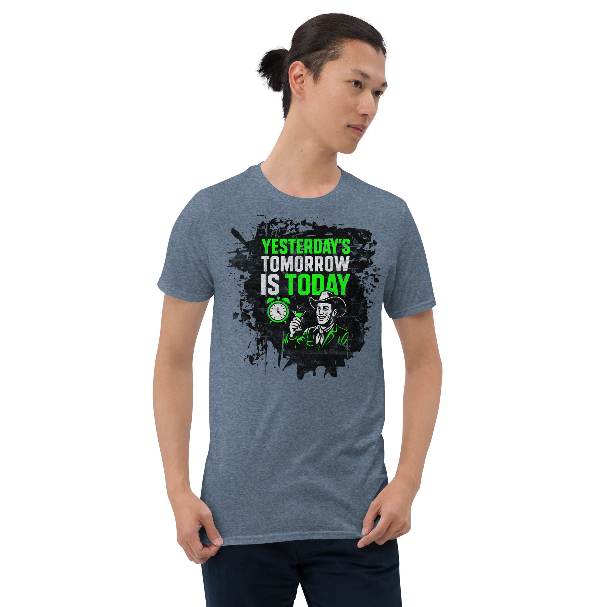 Model wearing "Yesterday's Tomorrow Is Today" t-shirt with dystopian design and disintegrating crimson typography.