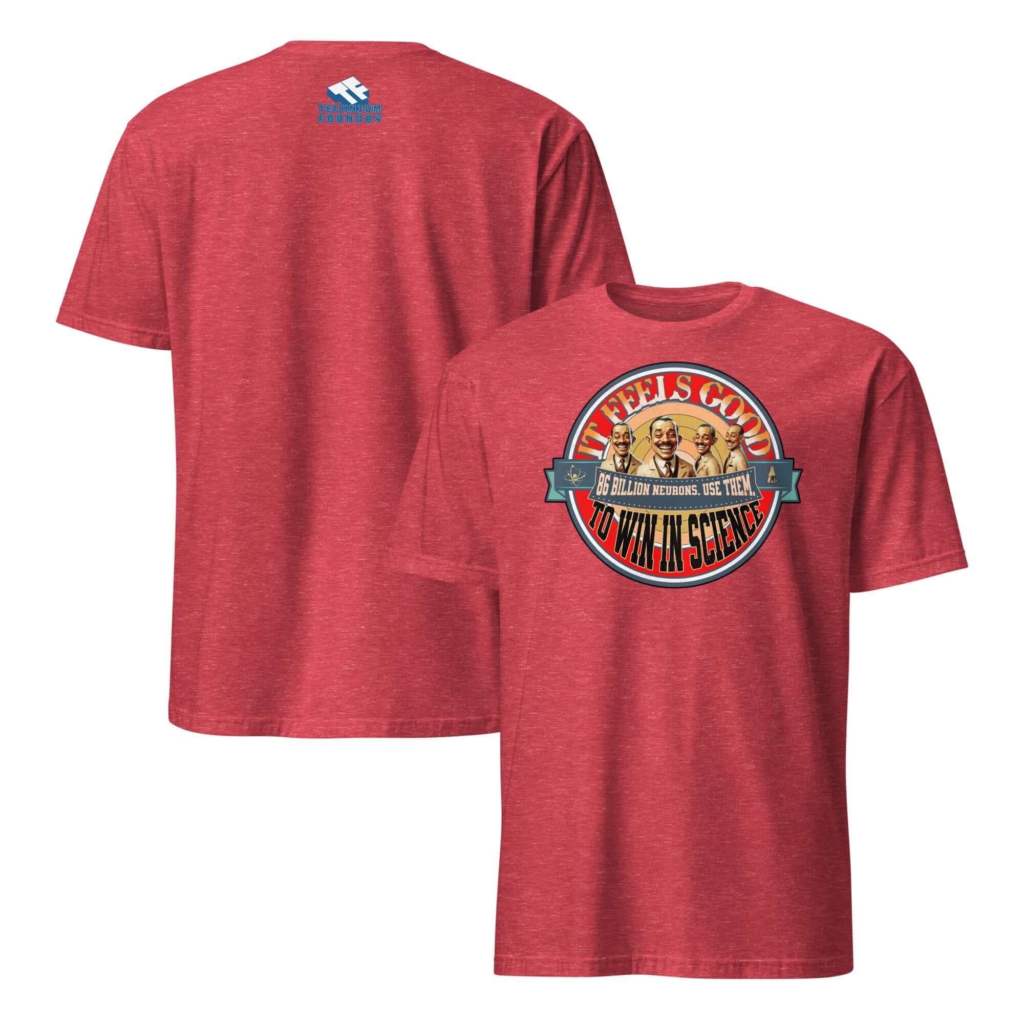 Red t-shirt with "It Feels Good to Win in Science" design, featuring vintage characters celebrating academic victory.