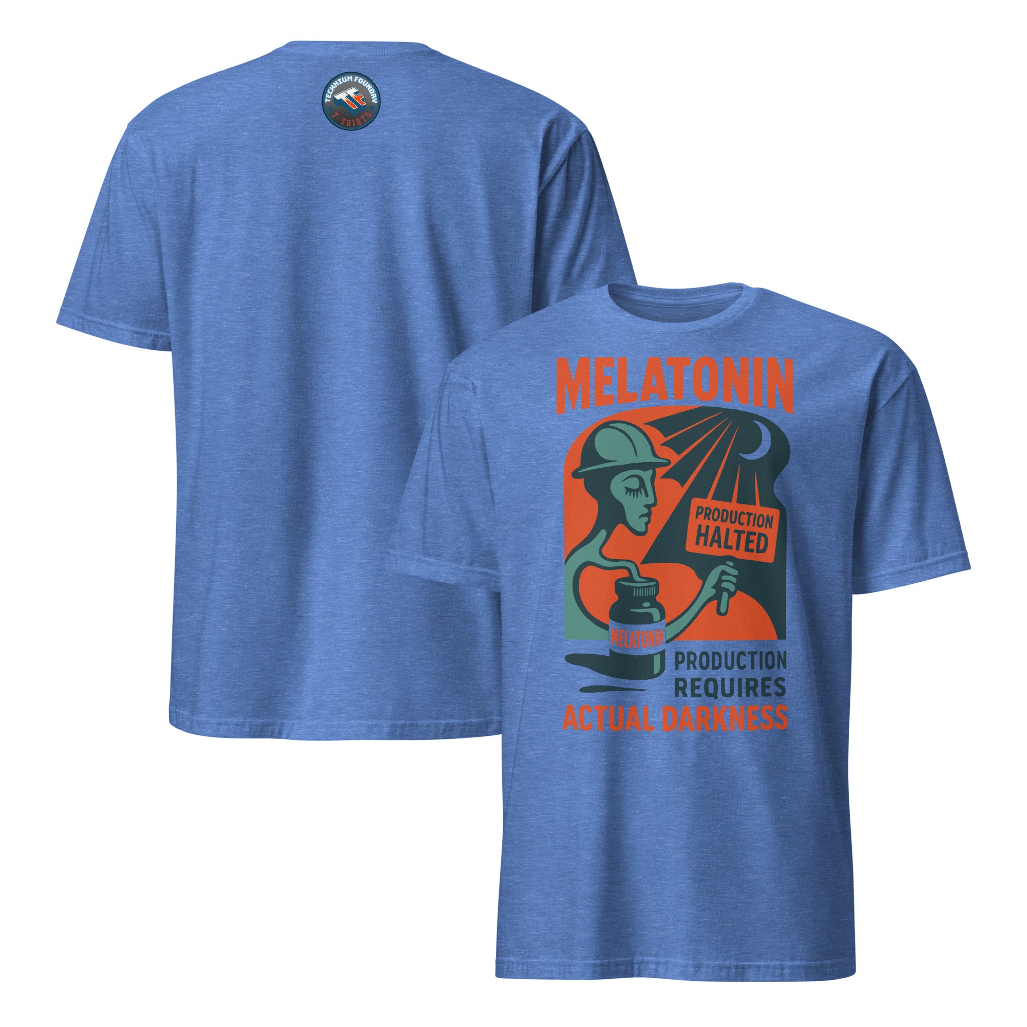 Blue Melatonin T-Shirt with industrial design and text 'Production Requires Actual Darkness' emphasizing melatonin's role.