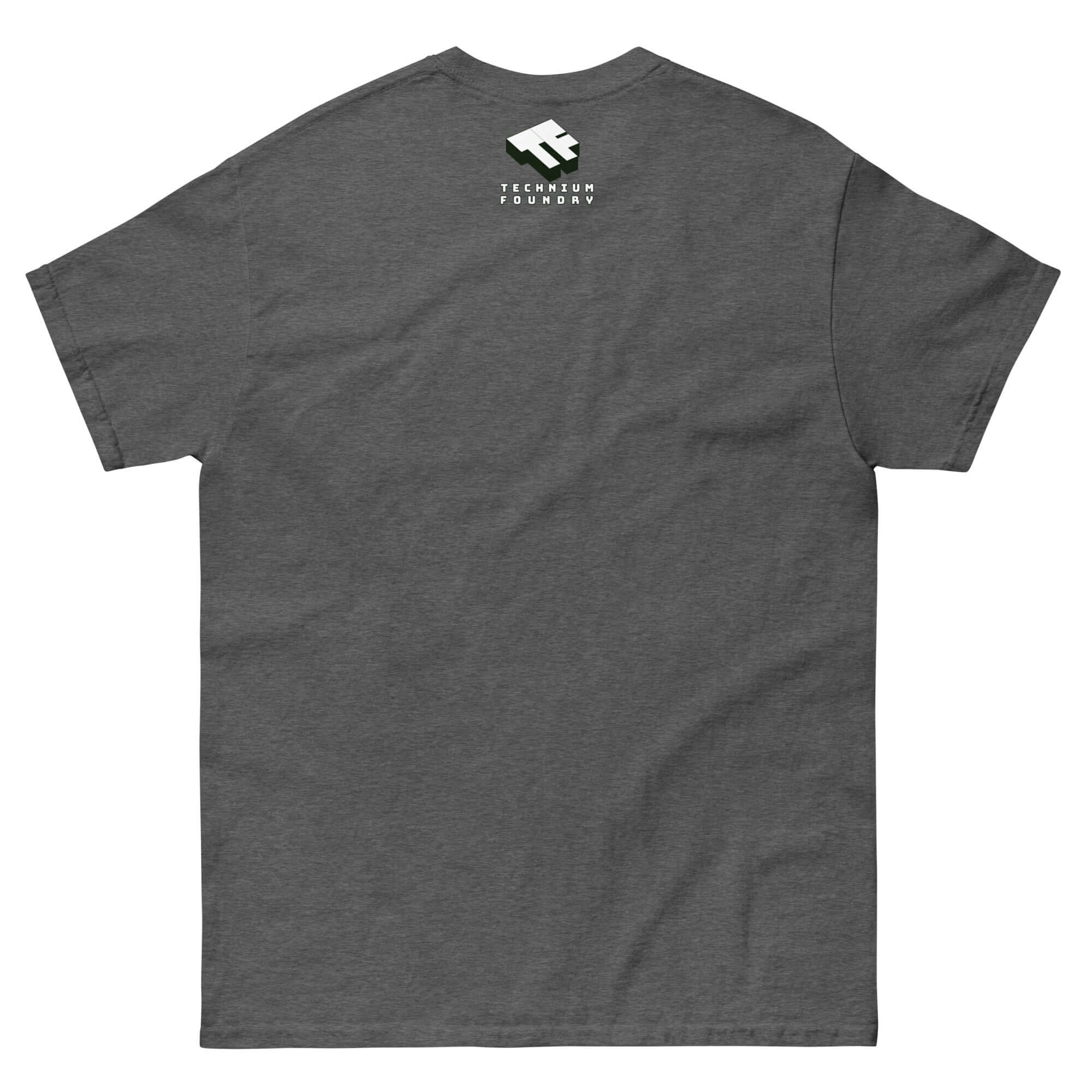 Back view of gray Garage Cold Fusion T-Shirt, featuring humorous failed science experiment theme with logo near the collar.
