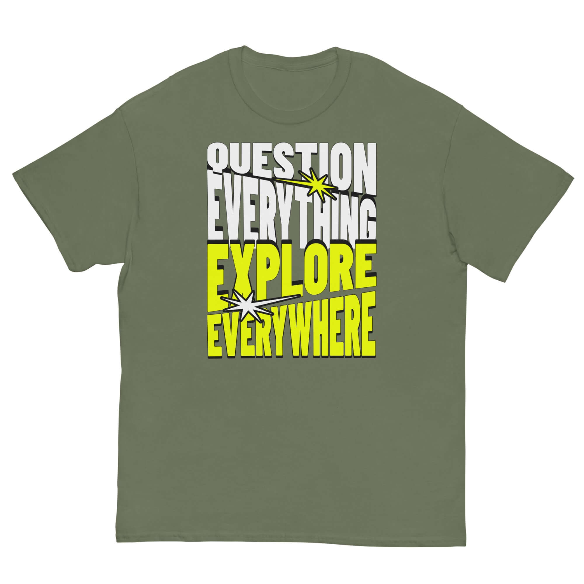Adventure T-shirt featuring "Question Everything Explore Everywhere" text in bold white and yellow on a green background.