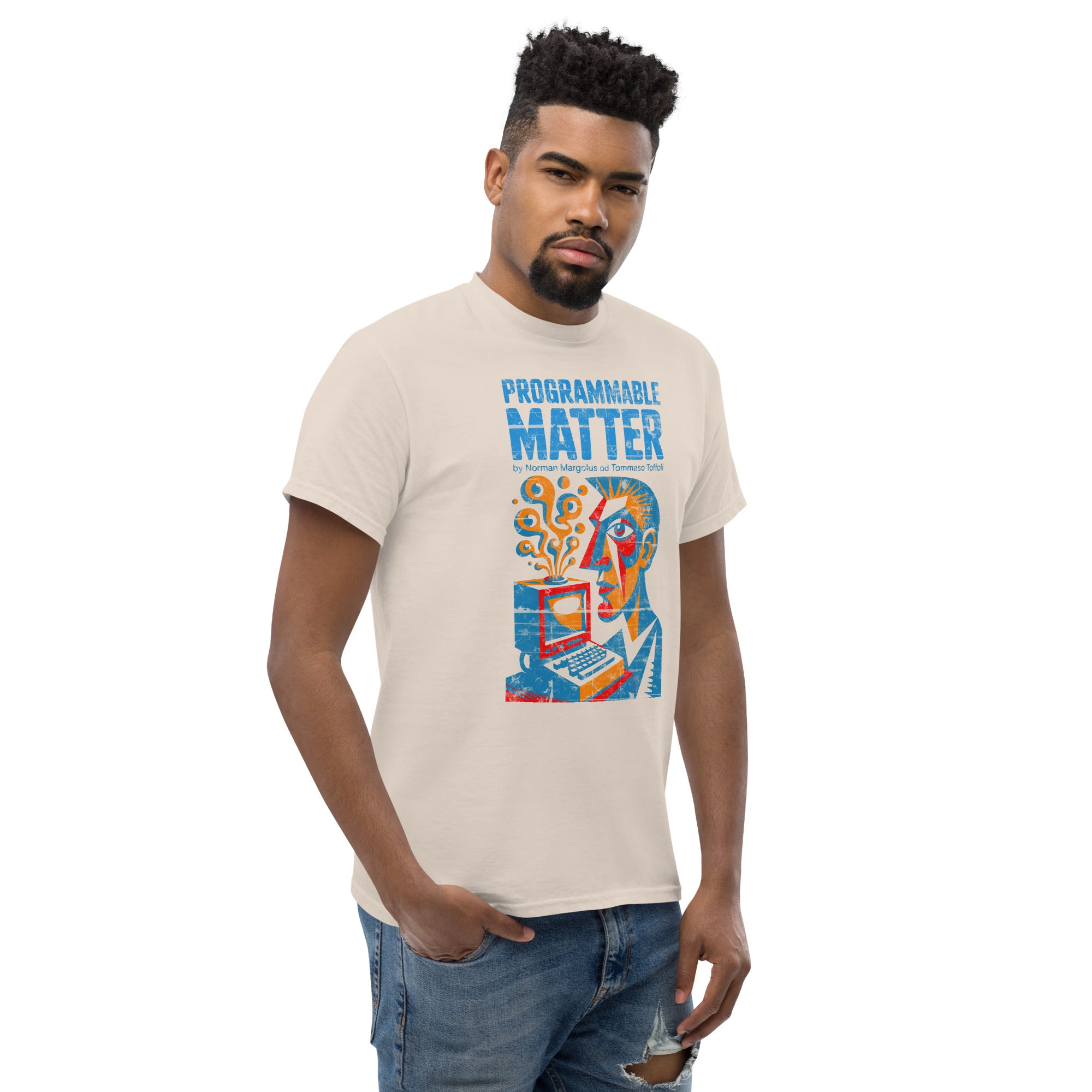 Alt Tag: Man wearing Computronium Programmable Matter T-Shirt with theoretical physics design and hypnotic starburst pattern.