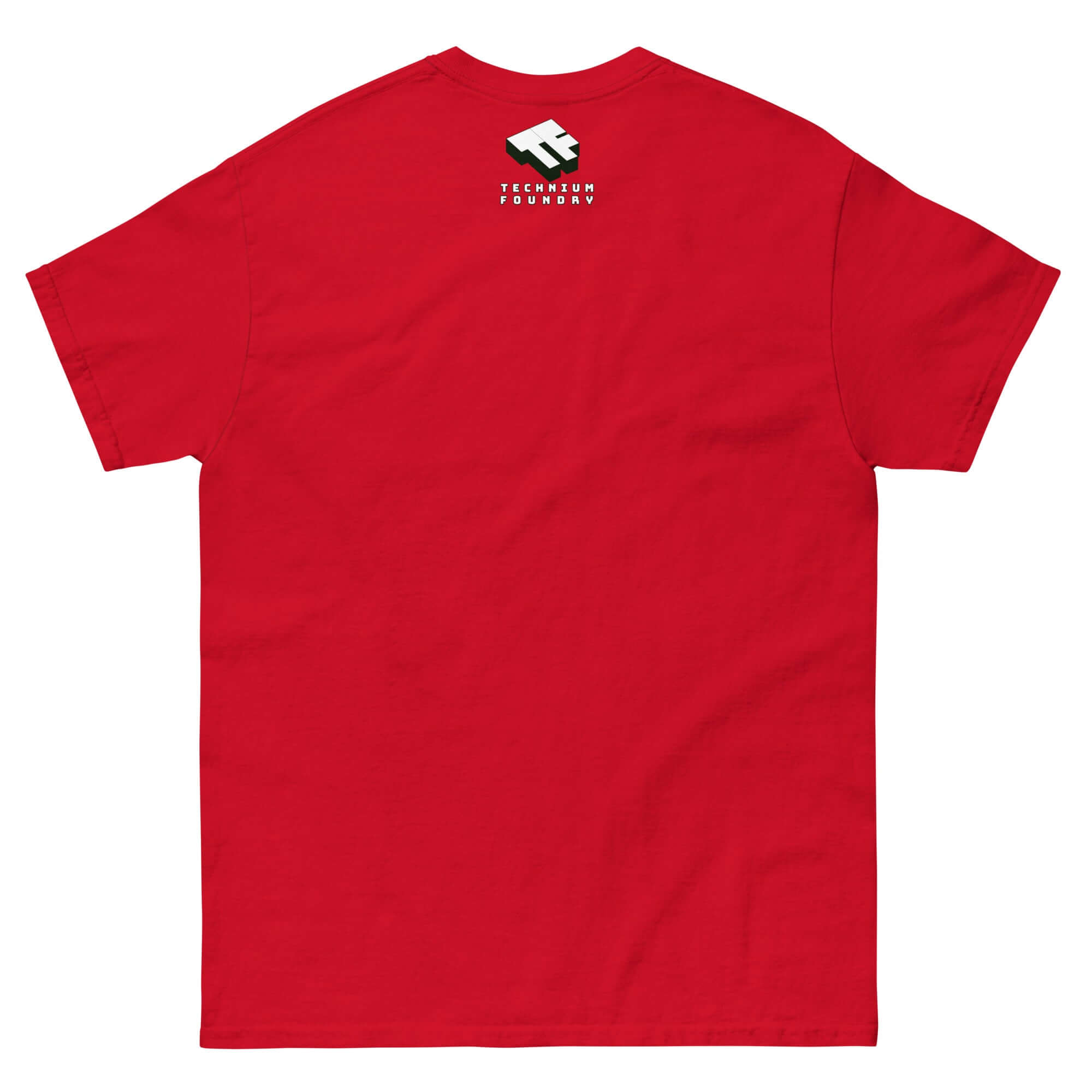 Red t-shirt back view with a white logo and text near the collar.