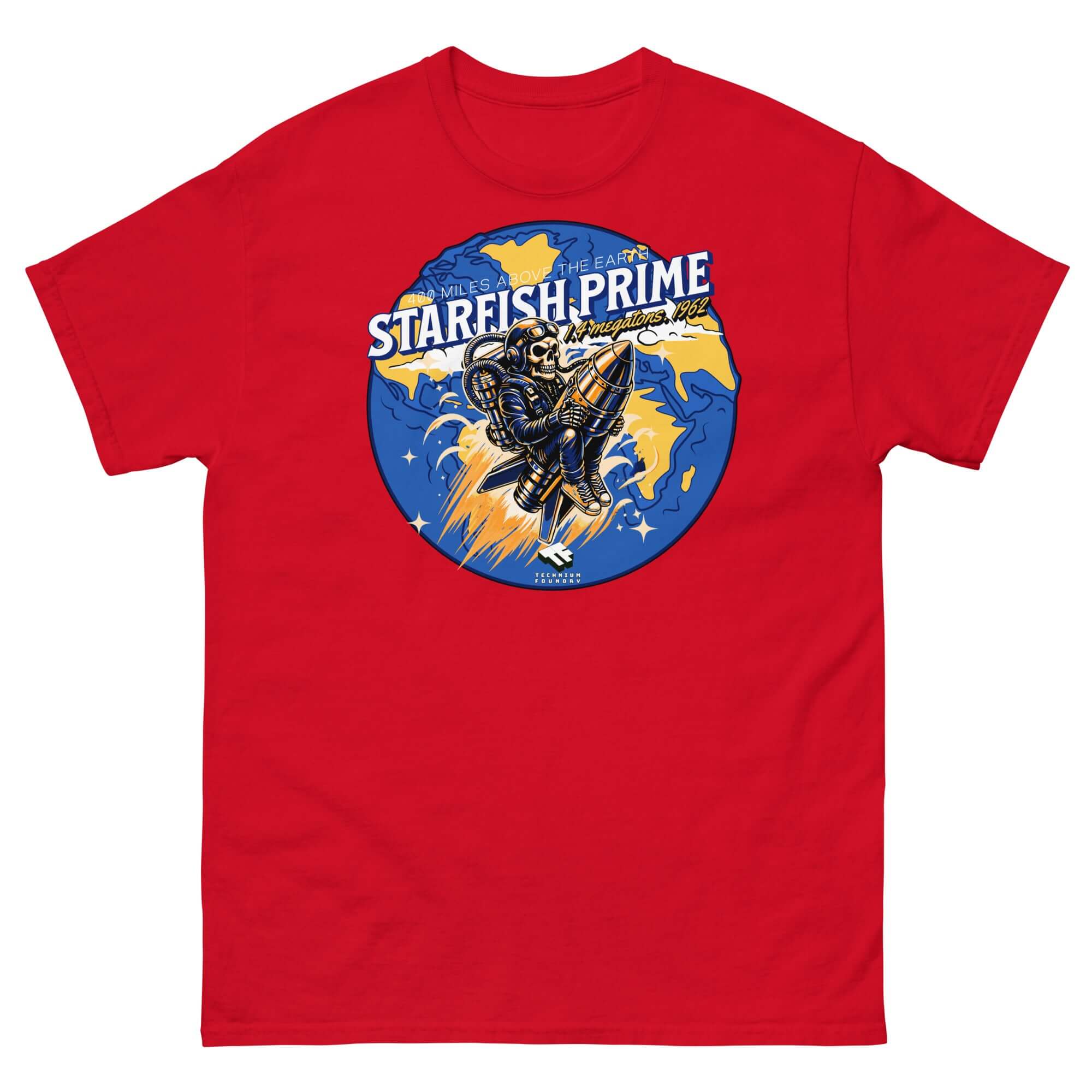Red Starfish Prime T-shirt featuring retro space-suited figure on nuclear warhead, inspired by 1962 Operation Starfish Prime.
