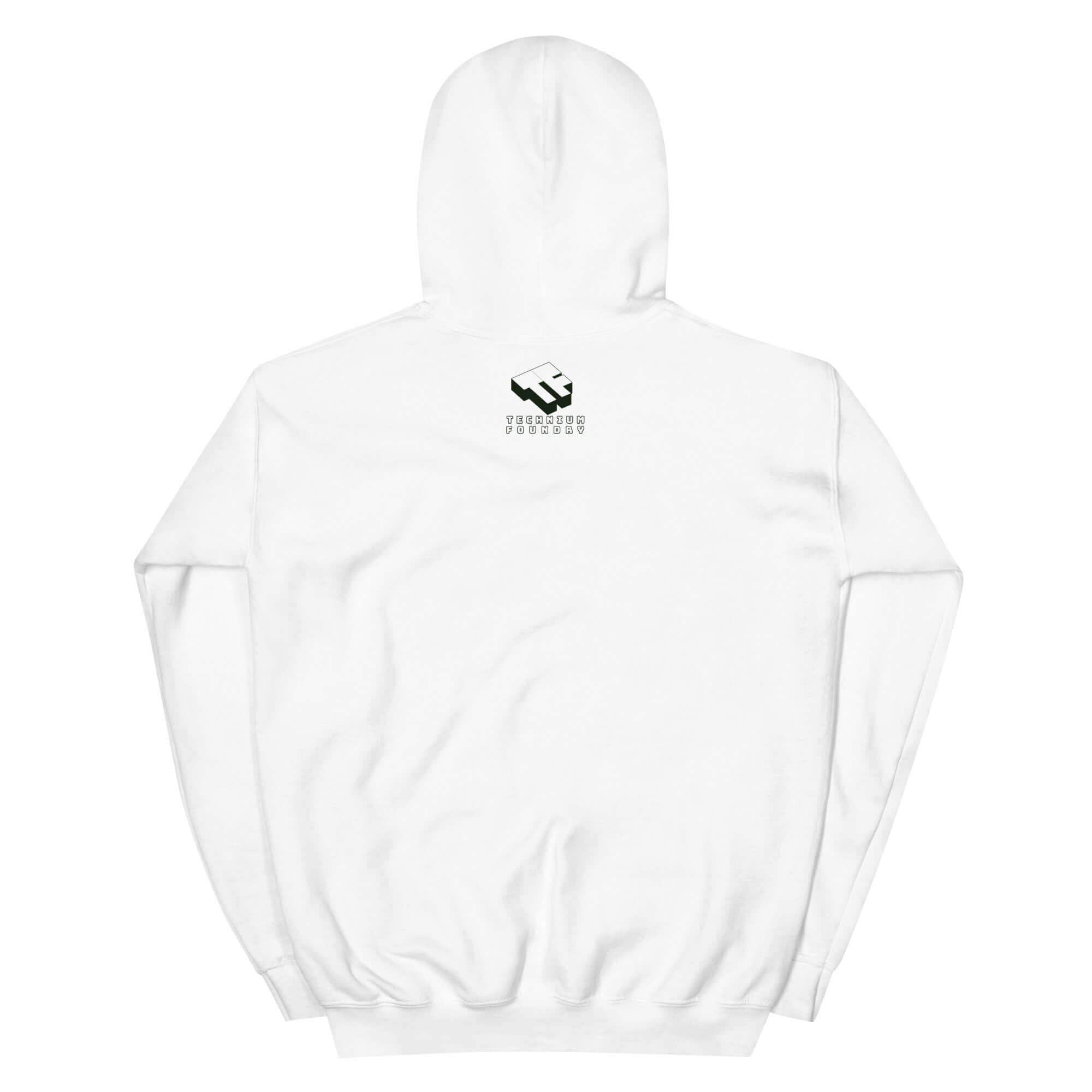 White hoodie with noble gases periodic table shield design on back, scientific fashion focusing on inert elements, unisex style.