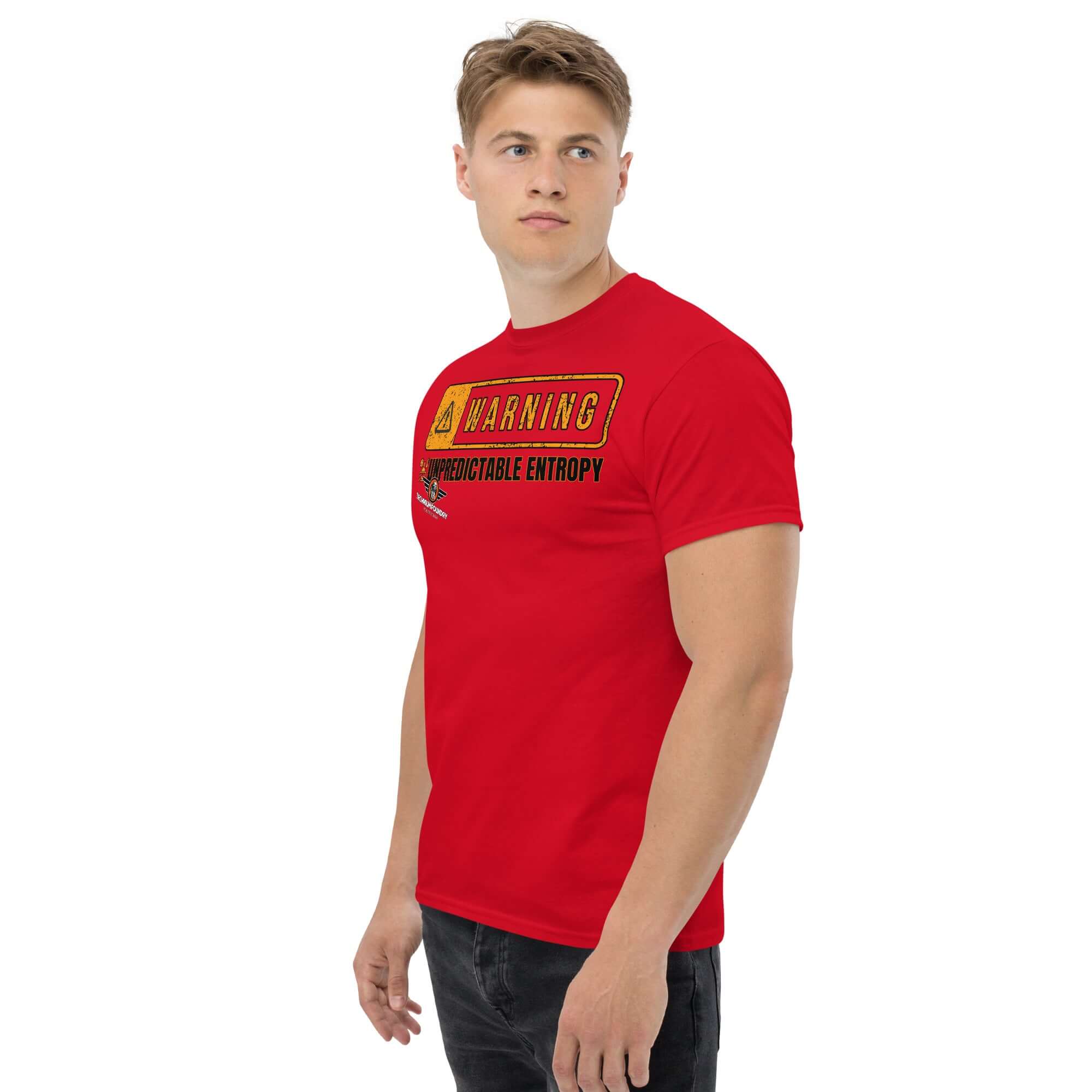 Warning: Unpredictable Entropy T-Shirt | Thermodynamics Hazard Sign Humor Color: Black T-Shirt Size: S Apparel & Accessories Technium Foundry