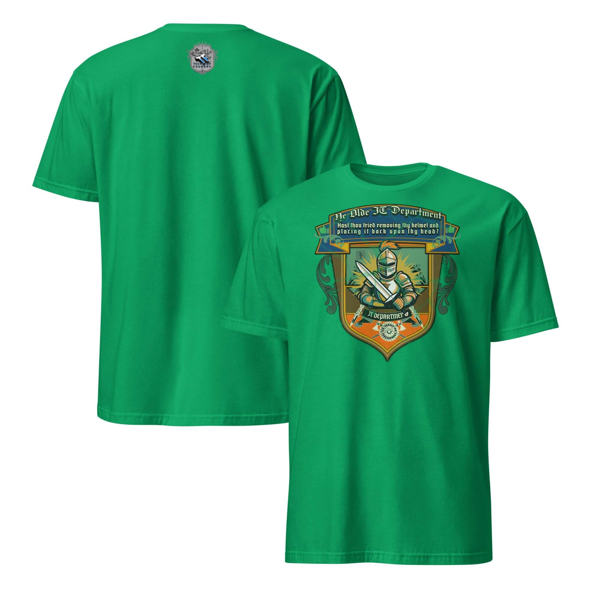Green "Ye Olde IT Department" t-shirt featuring humorous medieval tech support knight design and witty troubleshooting text.