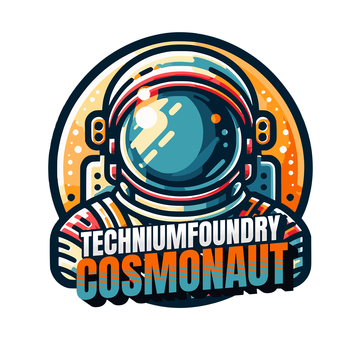 Colorful illustration of an astronaut helmet with the words 'Techniumfoundry Cosmonaut', suitable for science gift themes.
