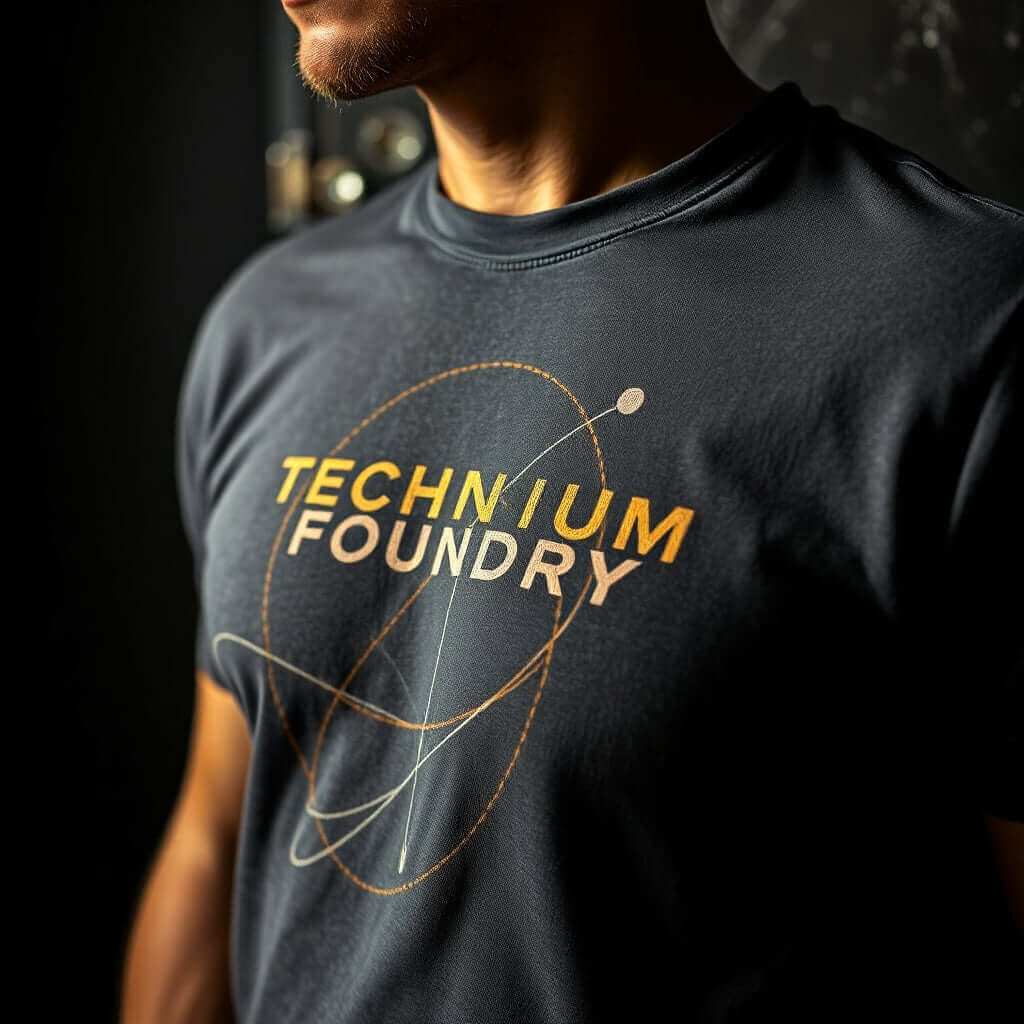 Person wearing a science-themed t-shirt with "Technium Foundry" logo, representing geeky passion for technology and innovation.