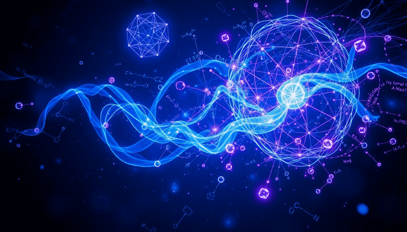 Abstract visualization of quantum mechanics with glowing particles and wave patterns on a dark background.