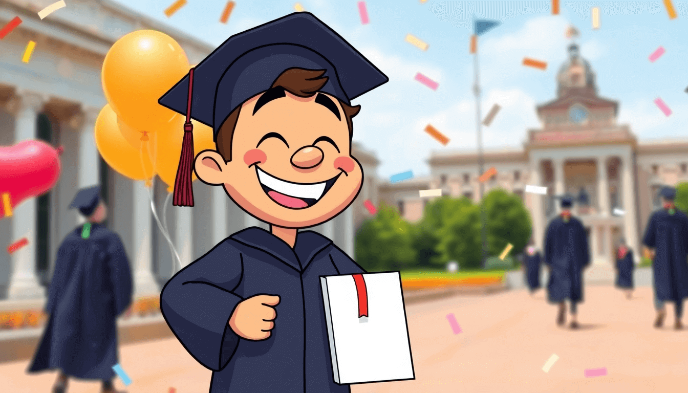 Happy graduate student celebrating on campus with a diploma, symbolizing academic success.