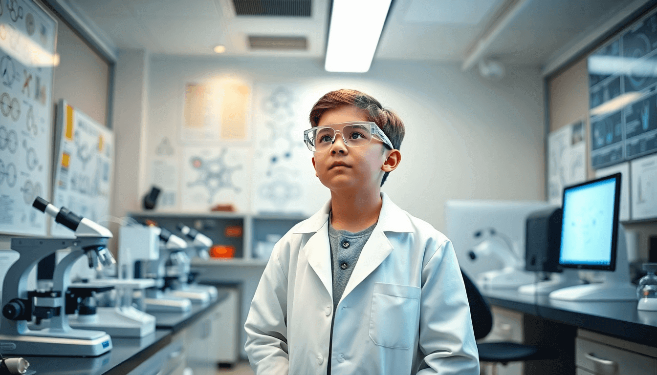 Young boy in a lab coat and goggles standing in a science lab, aspiring researcher in training.