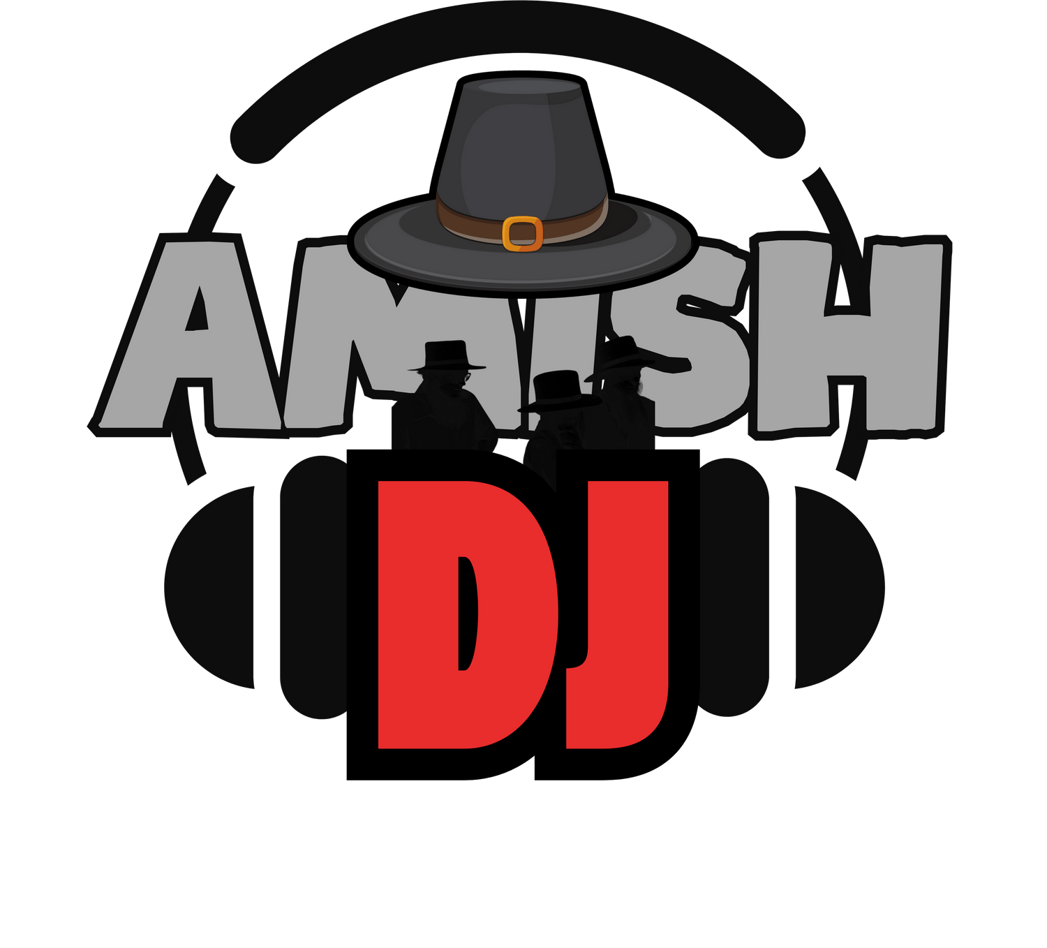 Amish DJ logo featuring a hat and silhouettes with headphones, blending simplicity and modern technology theme.