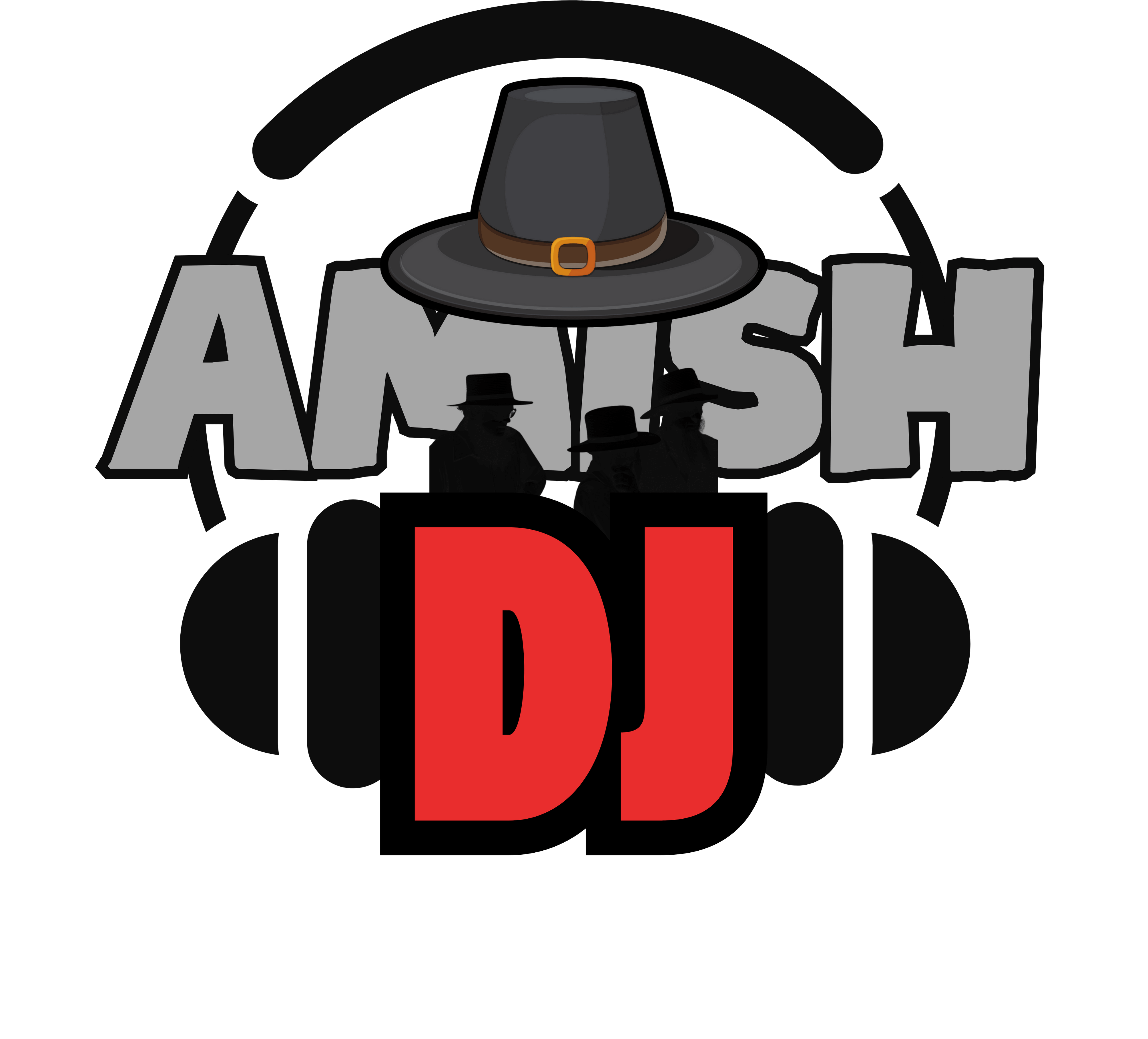 Amish DJ logo featuring a hat and silhouettes with headphones, blending simplicity and modern technology theme.