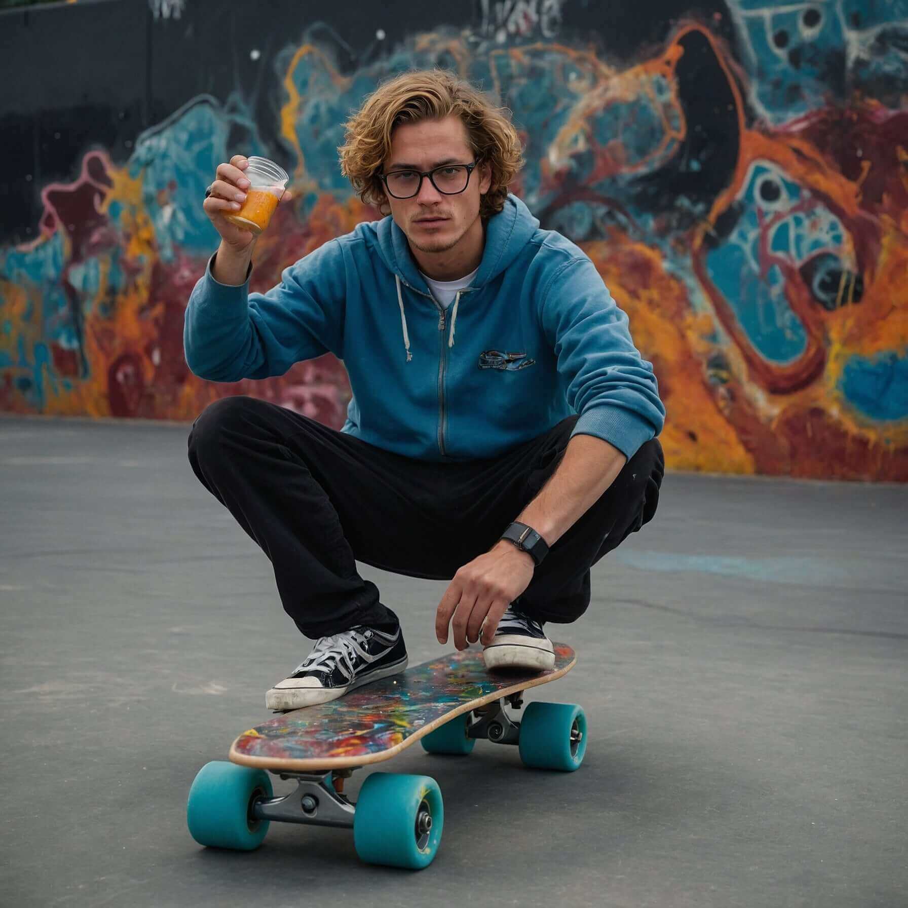 Person in a blue hoodie holding a drink poses with a skateboard in front of urban graffiti art.