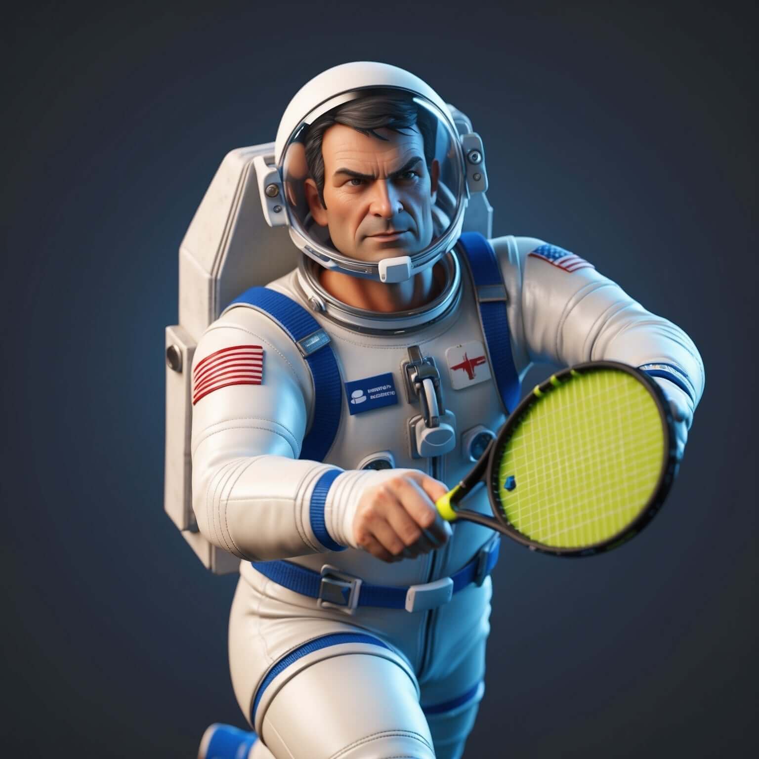 Astronaut in space suit playing tennis with a racket, demonstrating physics in sports in a creative concept.
