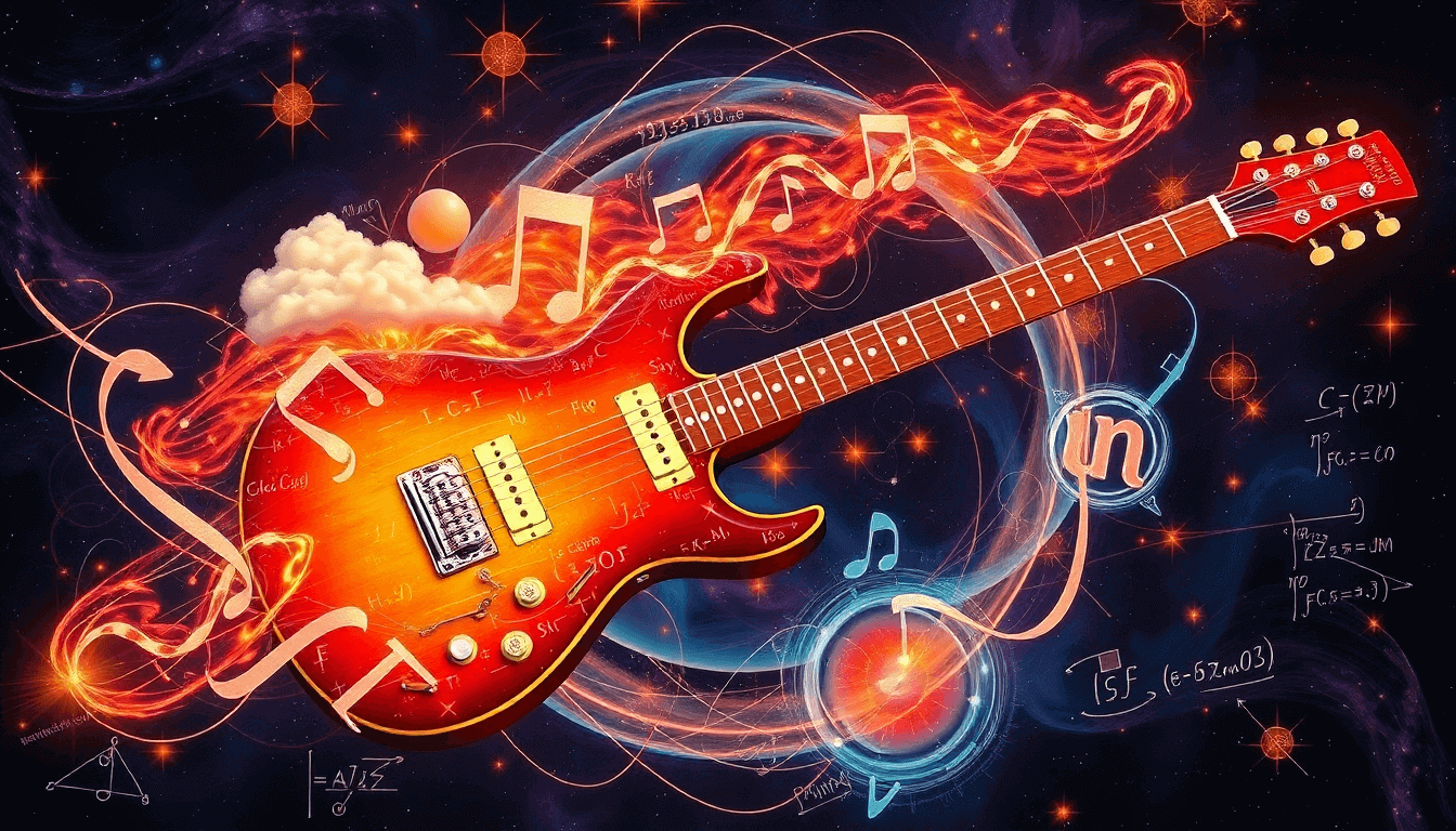 Electric guitar surrounded by musical notes and physics equations, symbolizing the fusion of music and physics in artistic expression.