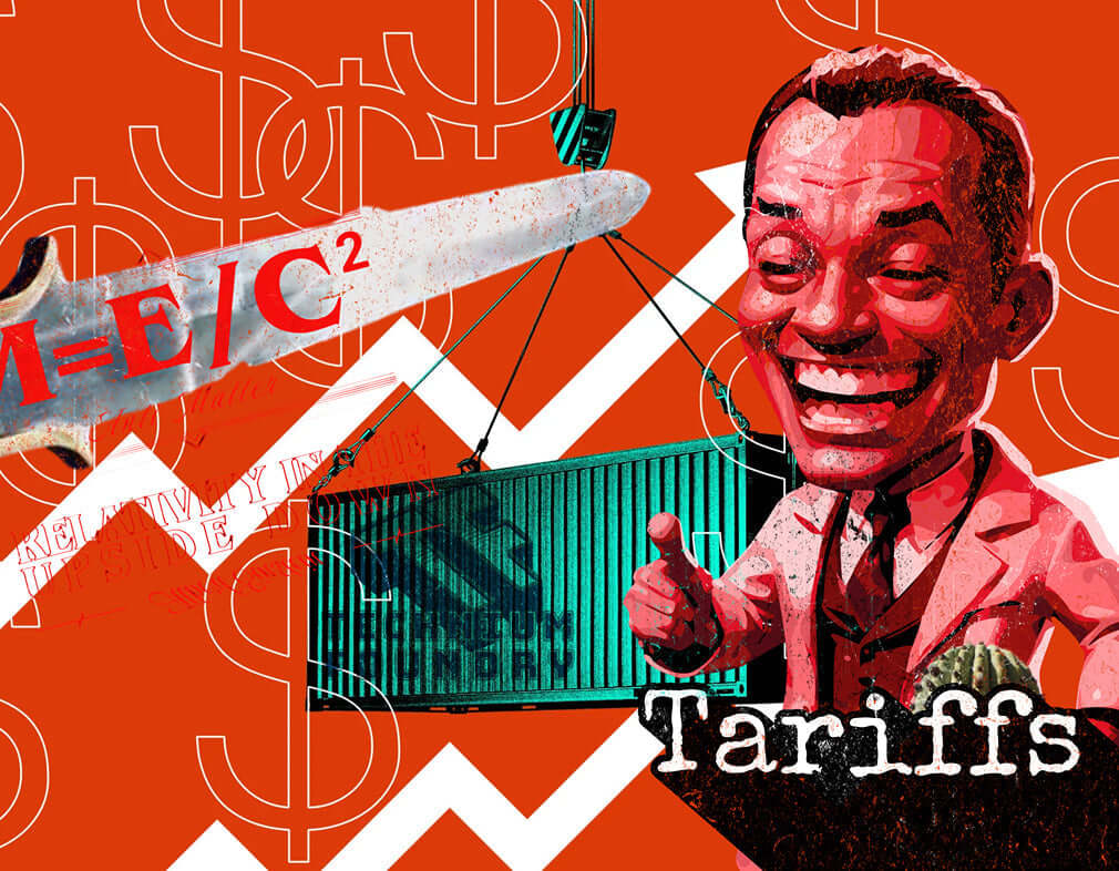 Illustration of economic impact of tariffs with smiling man, cargo, and dollar symbols highlighting market changes.