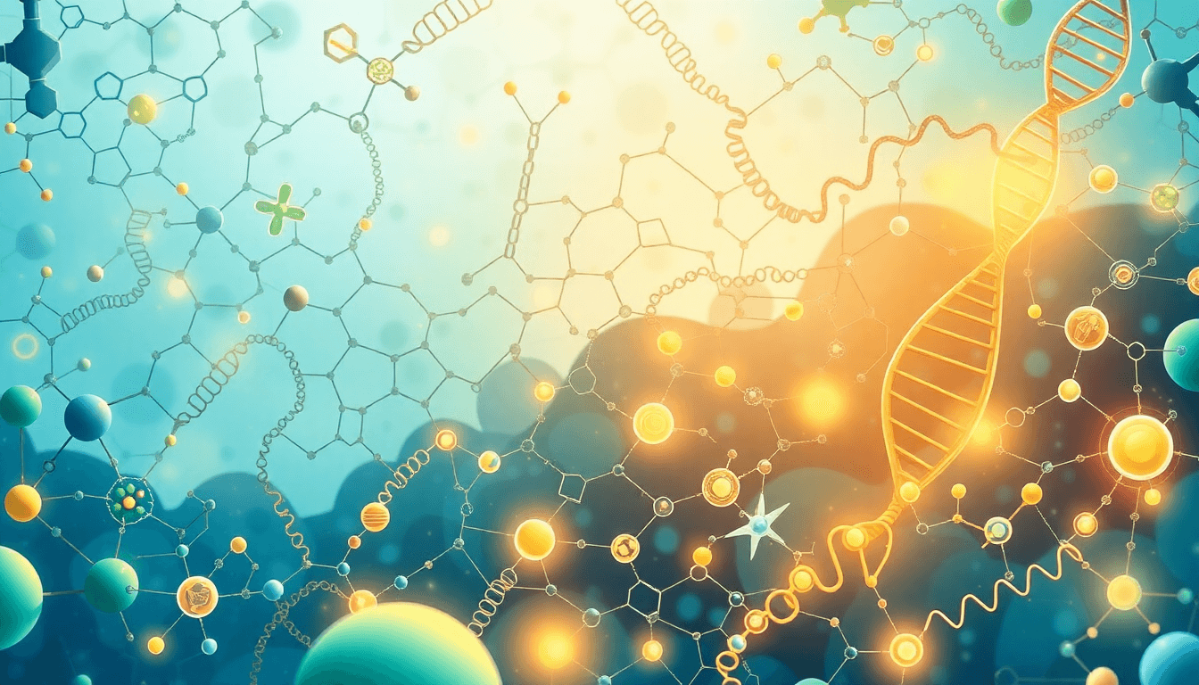 Colorful illustration of molecules and DNA strands, representing the dynamic field of biochemistry.