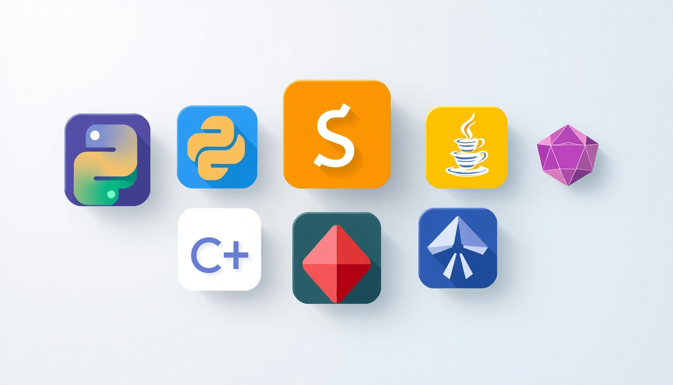 Icons of popular programming languages and frameworks, including Python, C++, and Java, on a digital display.