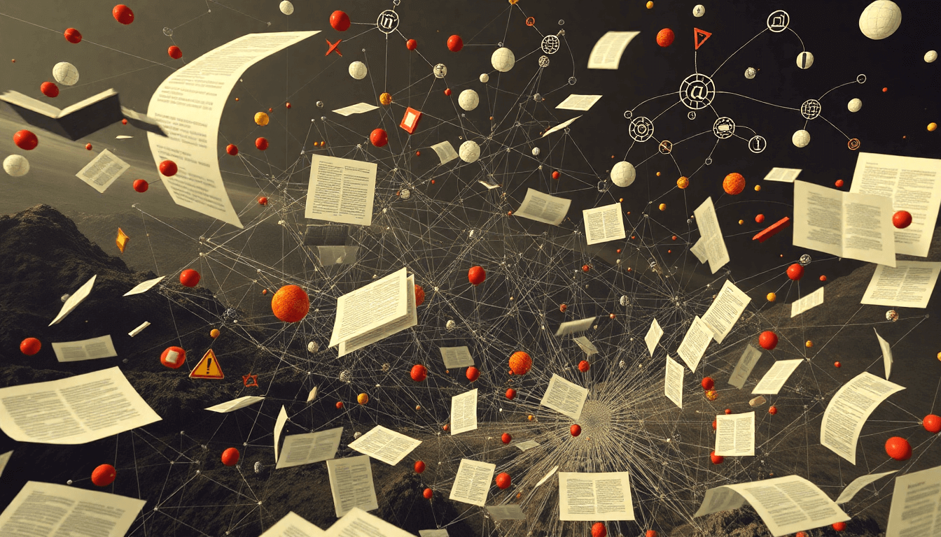 Abstract representation of network theory in technoscience with floating documents and interconnected nodes.