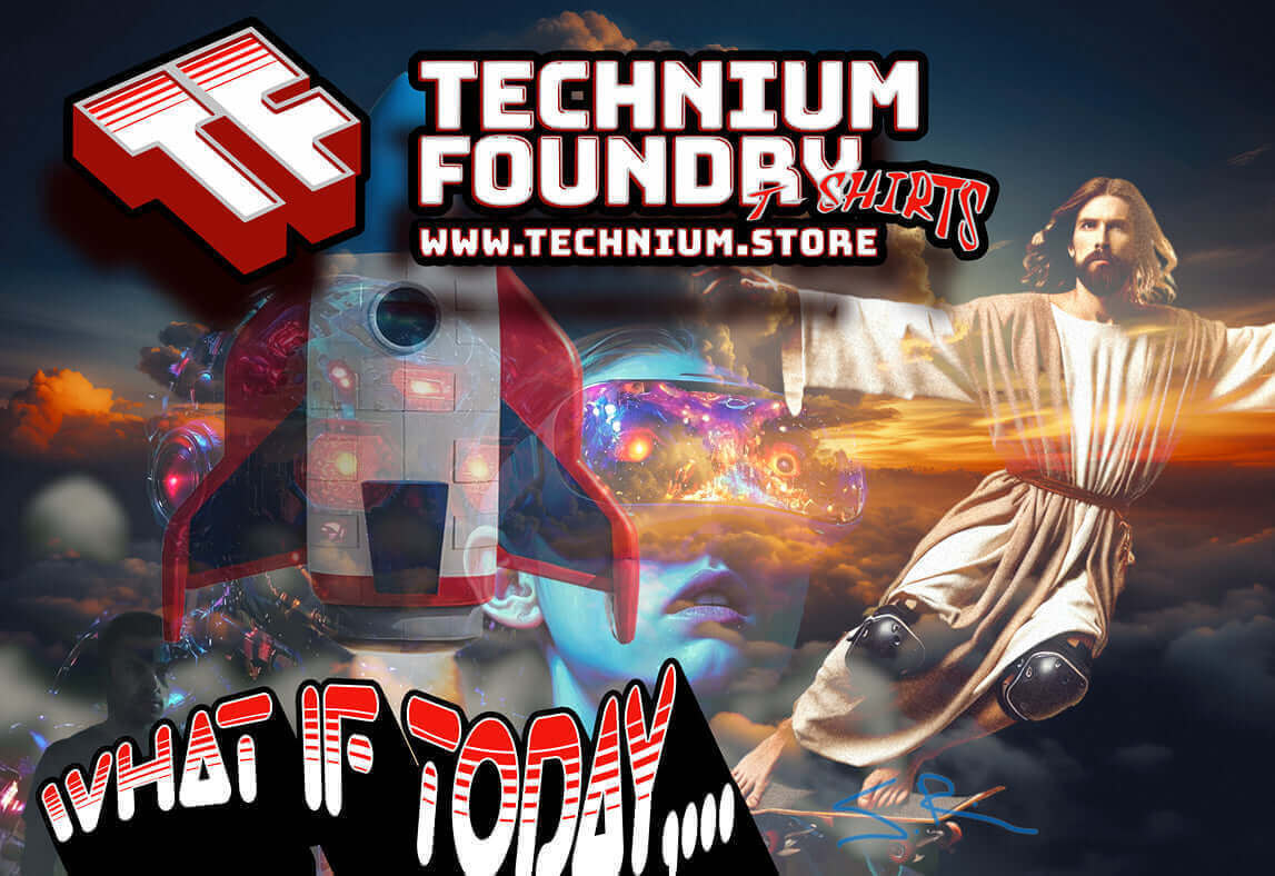 Futuristic digital collage featuring a robot, a virtual reality headset, and an iconic figure with "Technium Foundry" logo.
