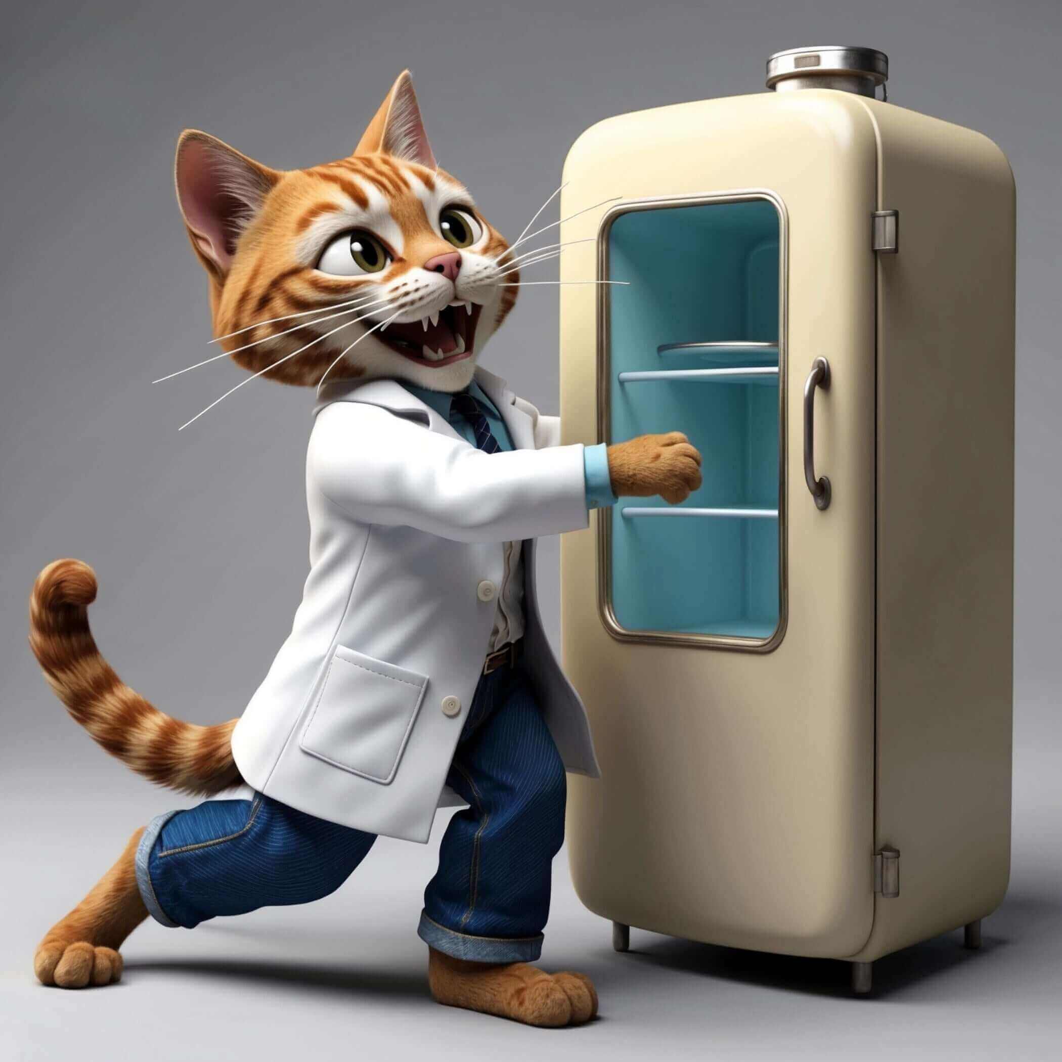 Animated cat wearing a lab coat excitedly opening an old-fashioned refrigerator