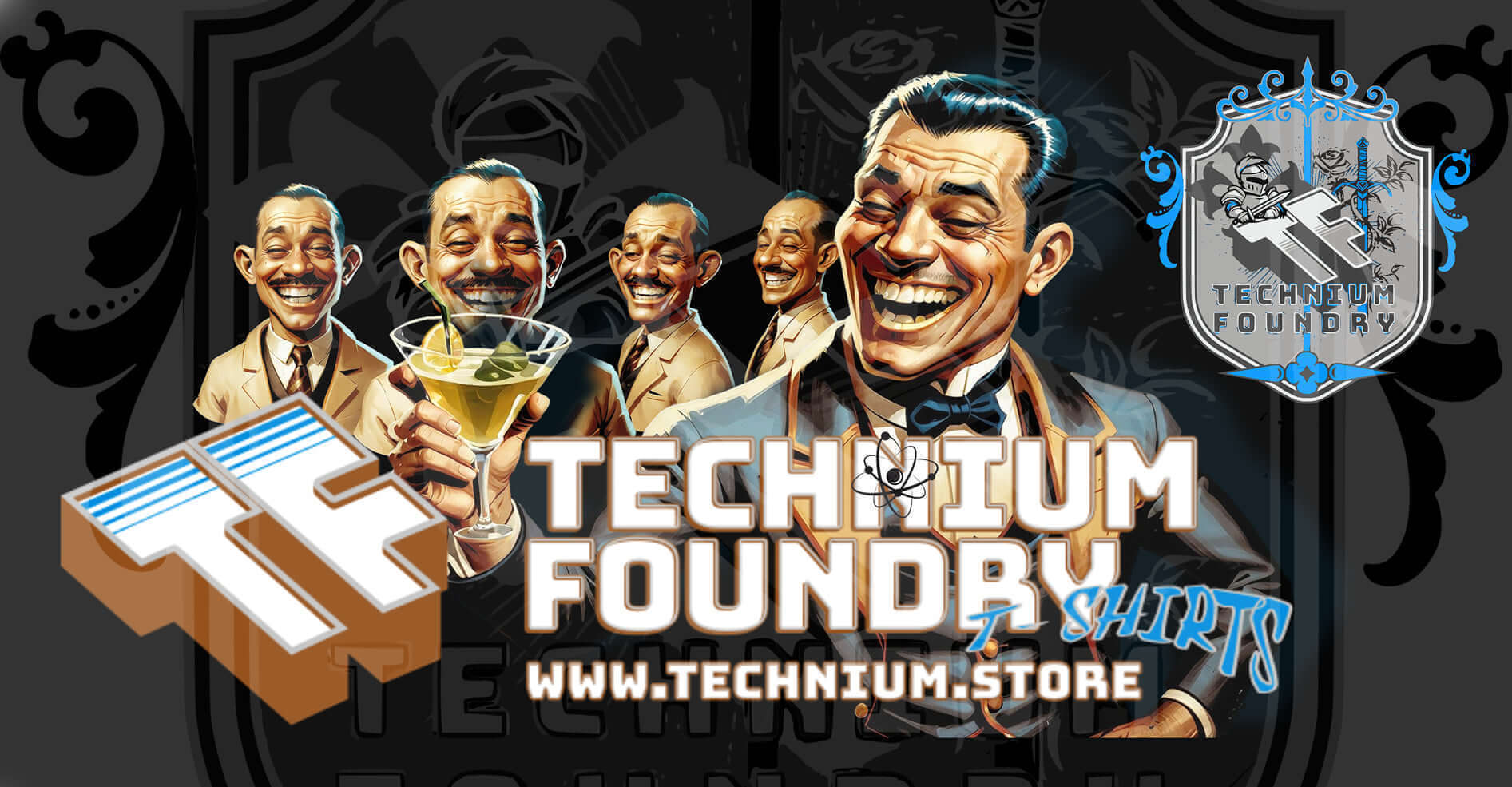 Technium Foundry advertisement featuring stylish figures enjoying drinks, with logo and website information prominently displayed.
