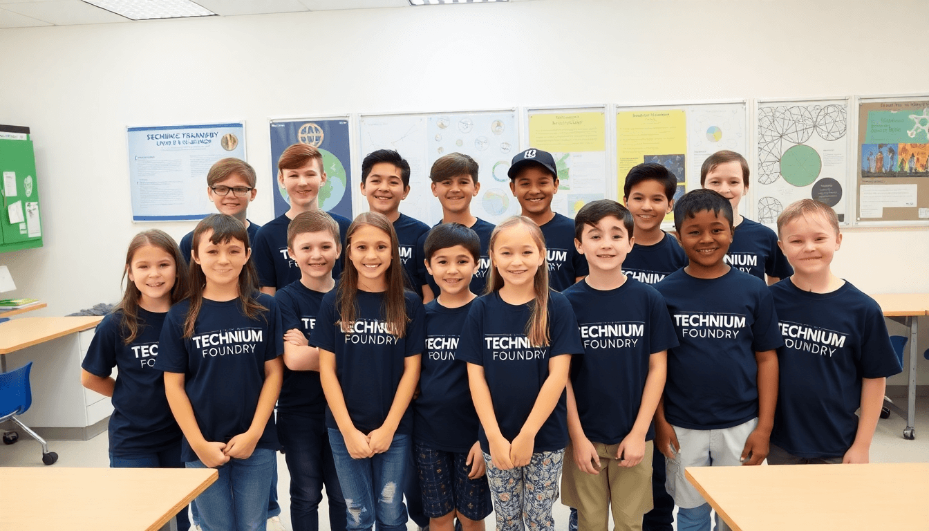 Group of kids in matching Technium Foundry t-shirts, smiling in a classroom setting, embodying geeky chic fashion.