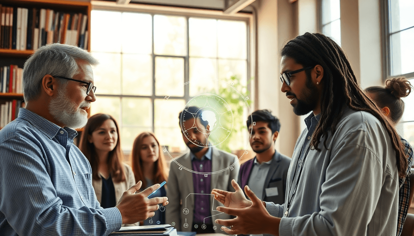 Academics and students discussing AI in a modern classroom setting.