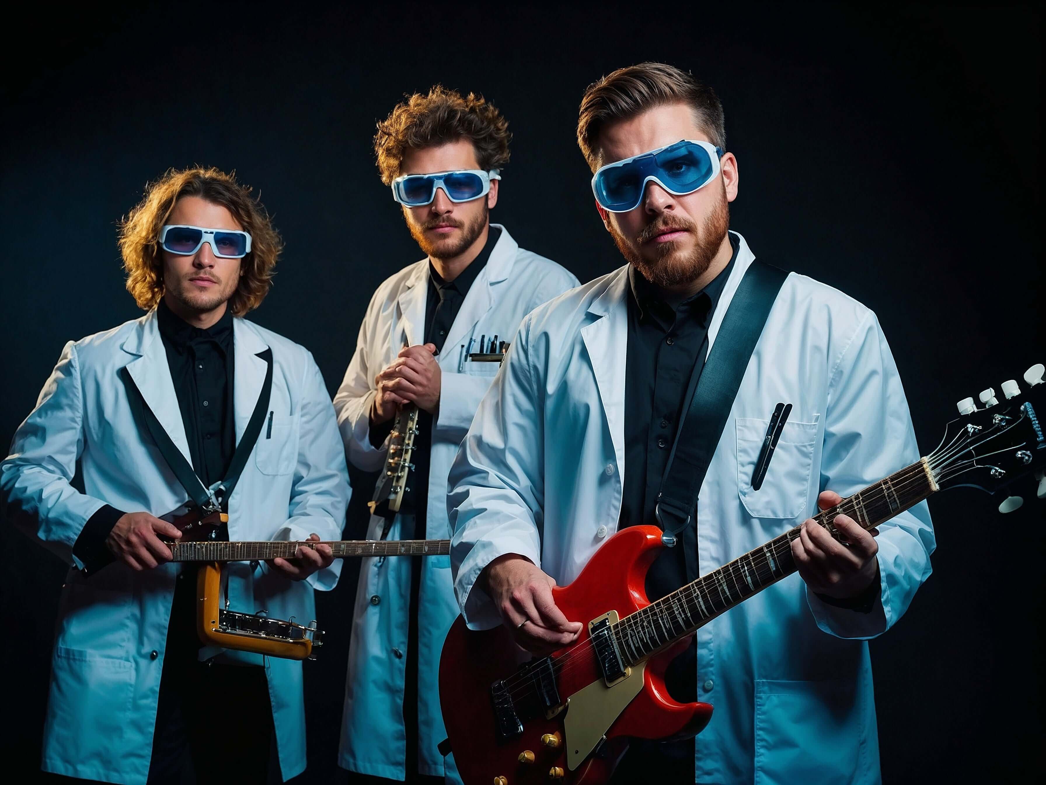 Three scientists in lab coats and sunglasses playing electric guitars in a basement rock band setting.