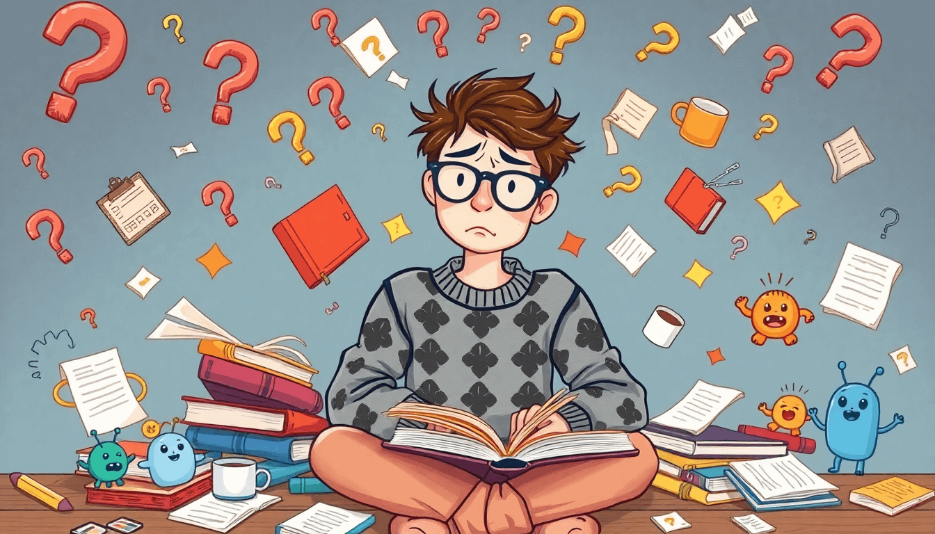 Anxious student surrounded by books and question marks, symbolizing study stress and academic pressure. Humorous academic guide.