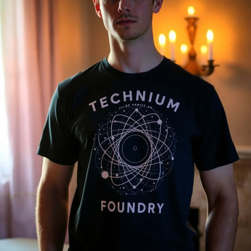 Person wearing a Technium Foundry t-shirt with scientific design, illuminated by warm candlelight.