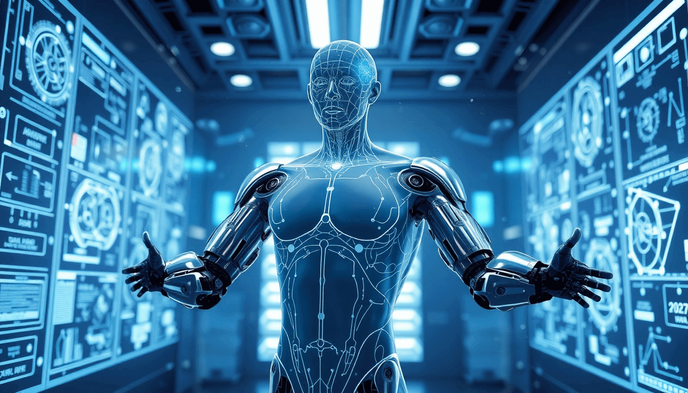 Futuristic bionic figure in a high-tech lab, symbolizing the advancement and potential of human augmentation and bionics.