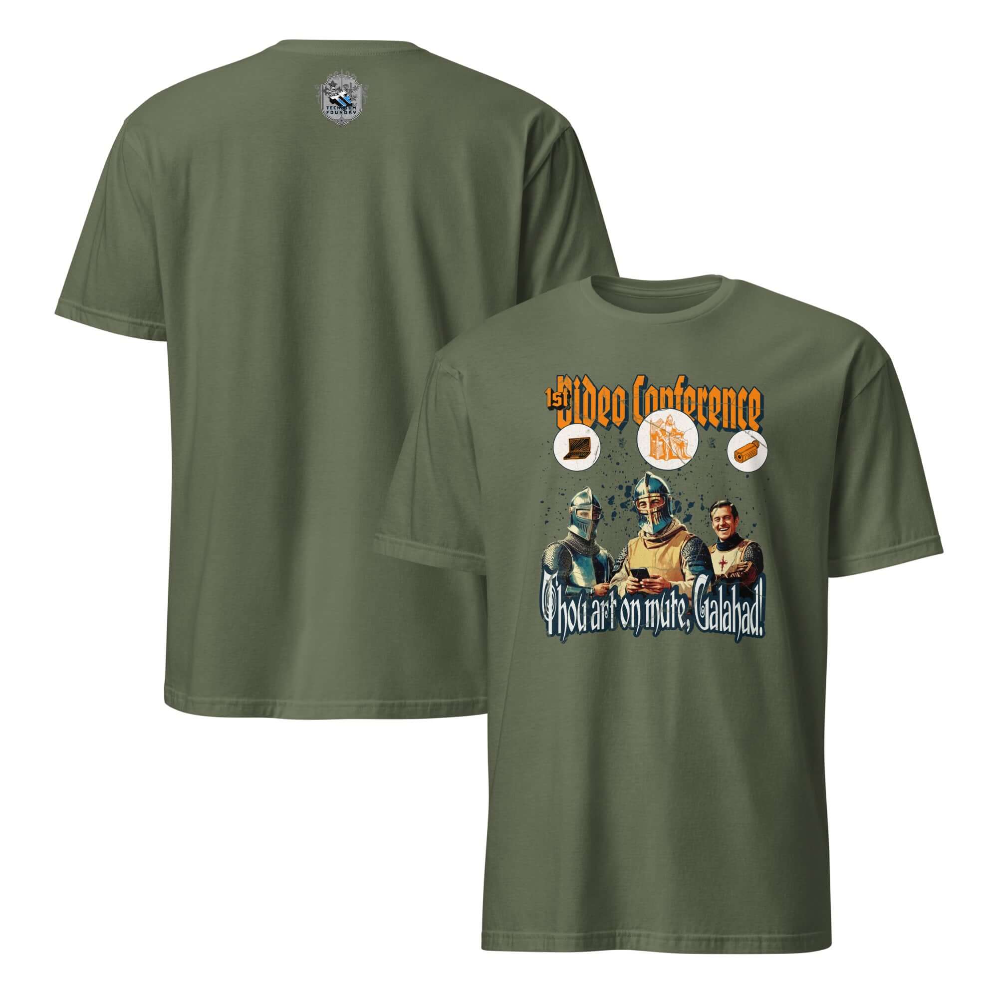 Medieval Zoom humor t-shirt with knights and "Thou Art On Mute, Galahad!" text; anachronistic video conference theme.