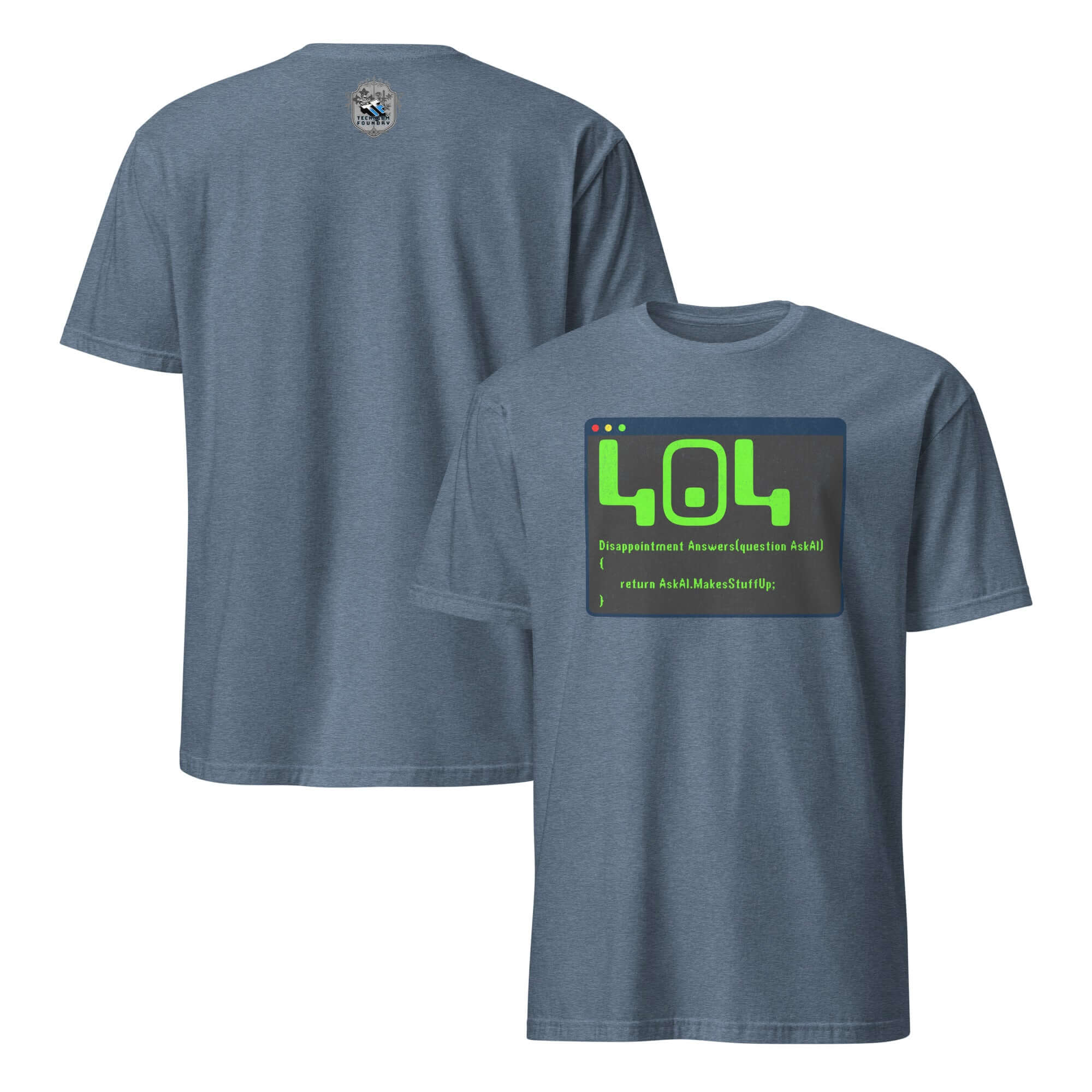 404 Disappointment Error T-Shirt featuring AI humor design for developers, displayed on a blue cotton shirt with programming theme.