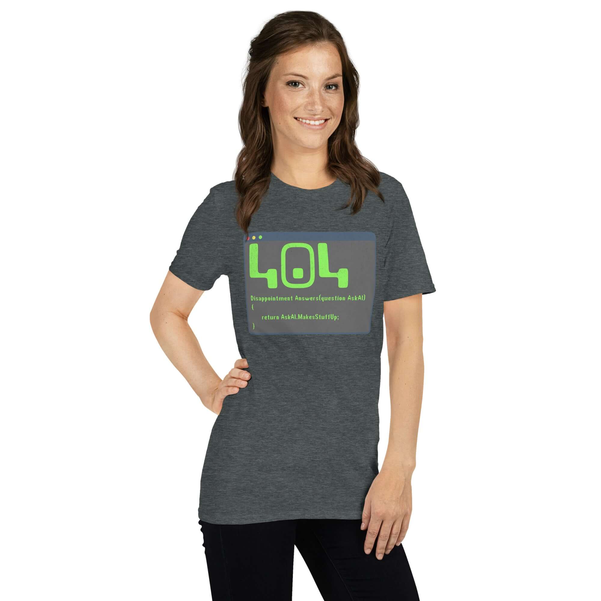 Woman wearing 404 Disappointment Error T-Shirt for developers, featuring AI humor with a terminal window design.