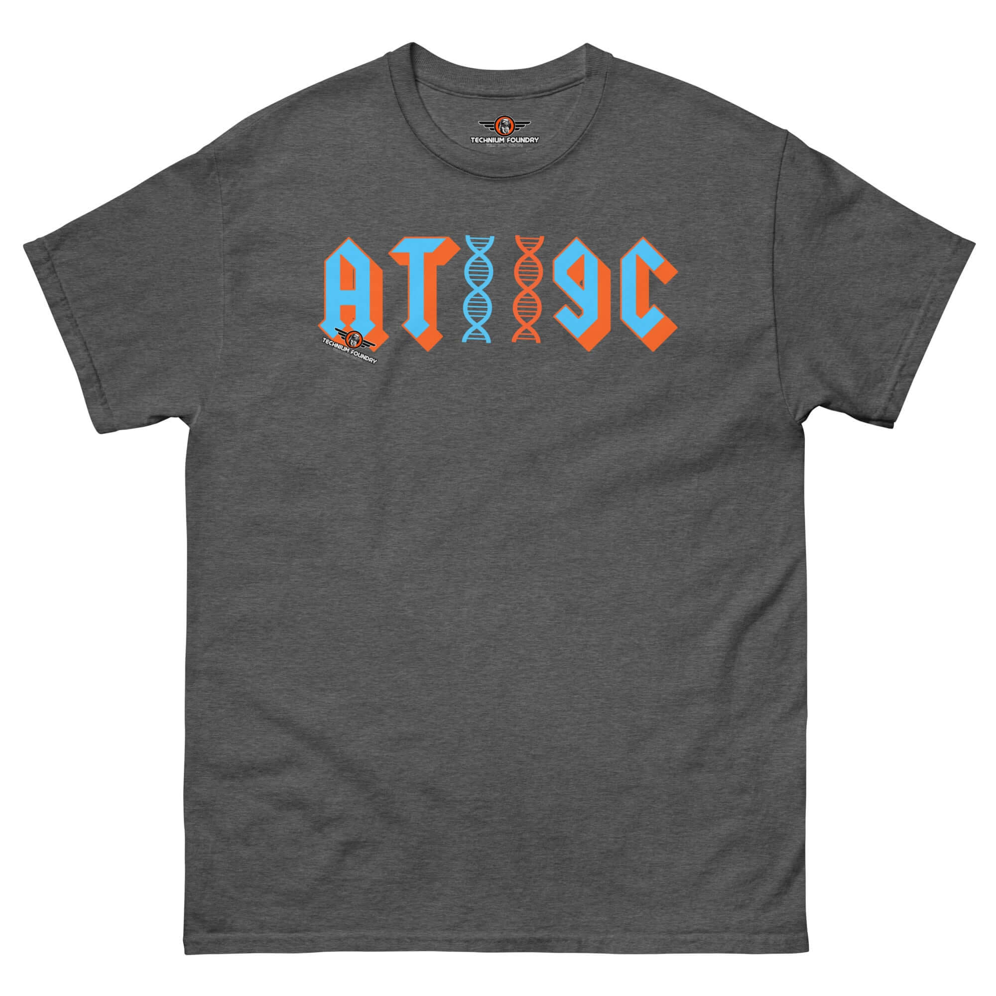 AT/GC rock band DNA t-shirt with genetics and heavy metal design, featuring nucleotide base pairs and DNA helix in metal typography.