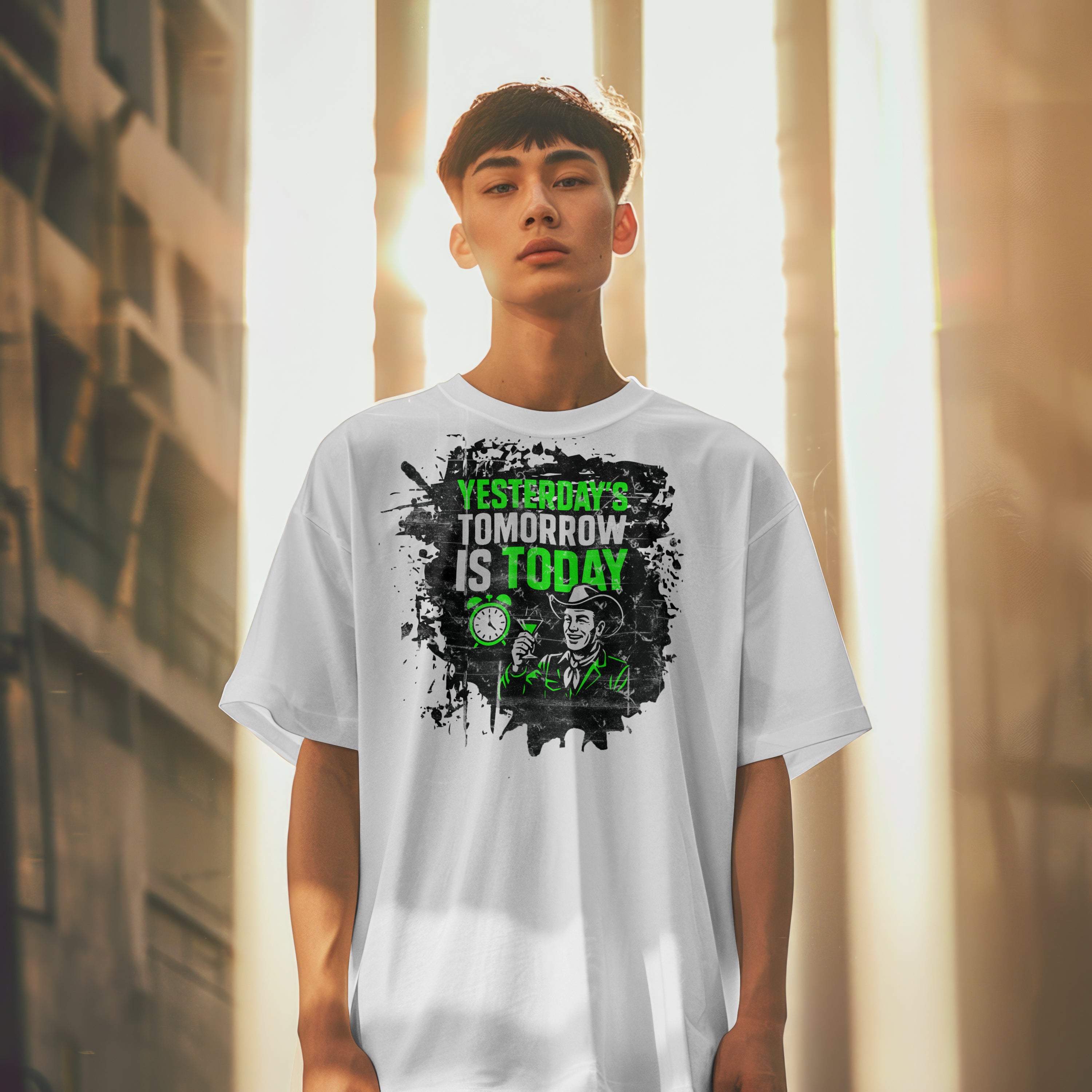 Person wearing Yesterday's Tomorrow Is Today T-Shirt with dystopian design and distressed crimson typography.