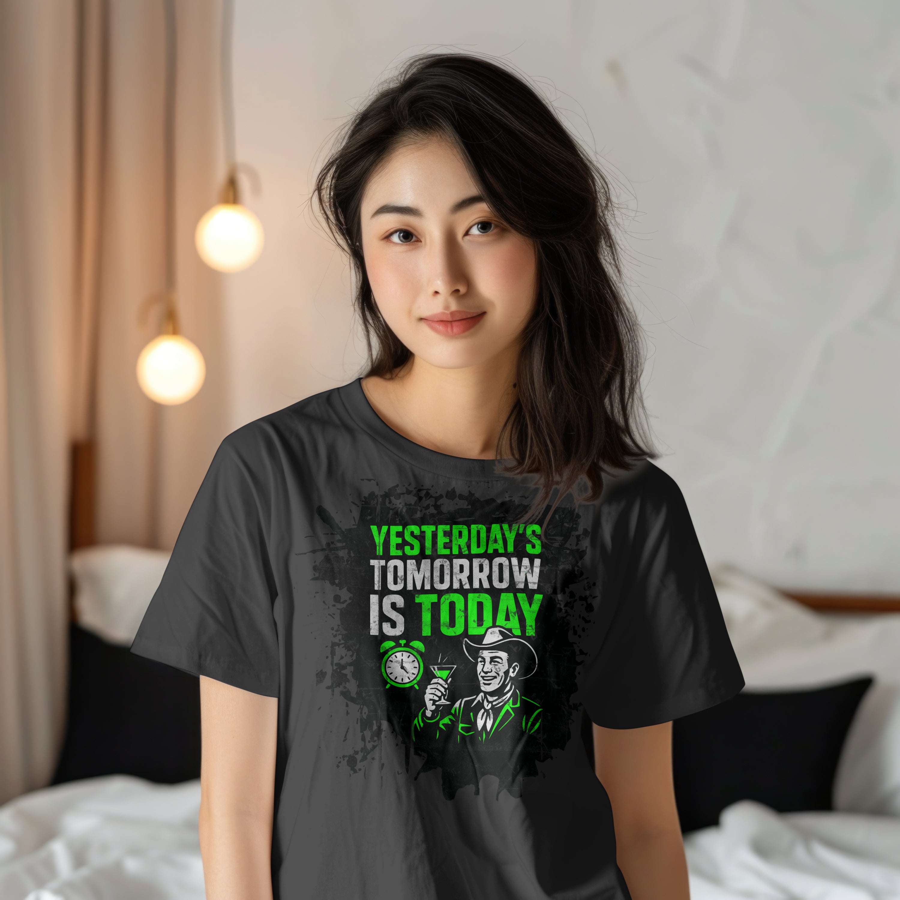 Woman wearing 'Yesterday's Tomorrow Is Today' dystopian future t-shirt with distressed crimson typography.