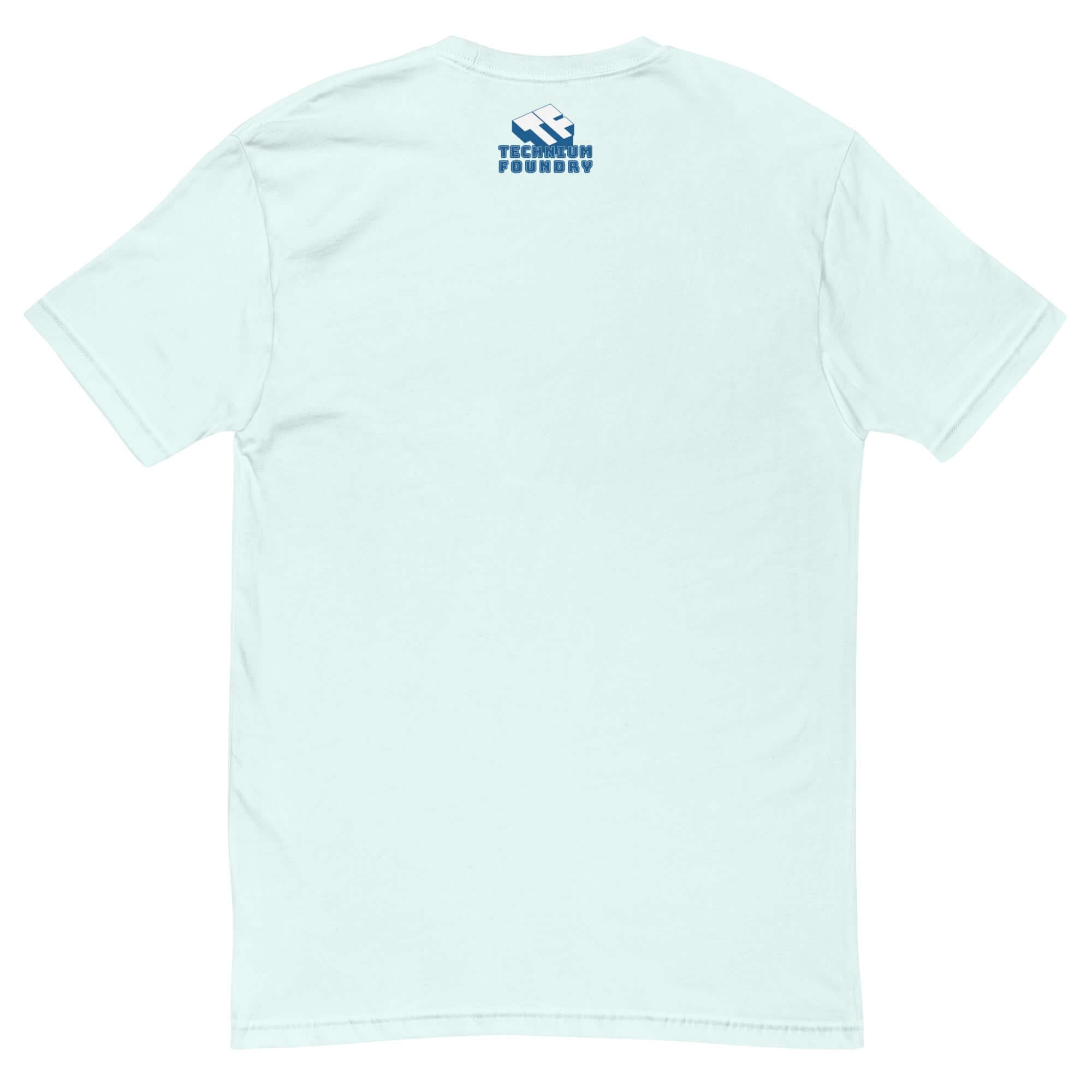 Rear view of a light teal 'Drone Technology Tee' featuring a small logo near the collar, perfect for aerodynamics enthusiasts.