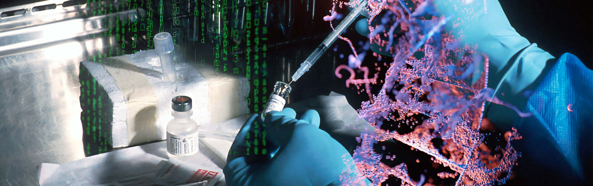 Scientist with DNA strands and injection in lab, biotechnology research