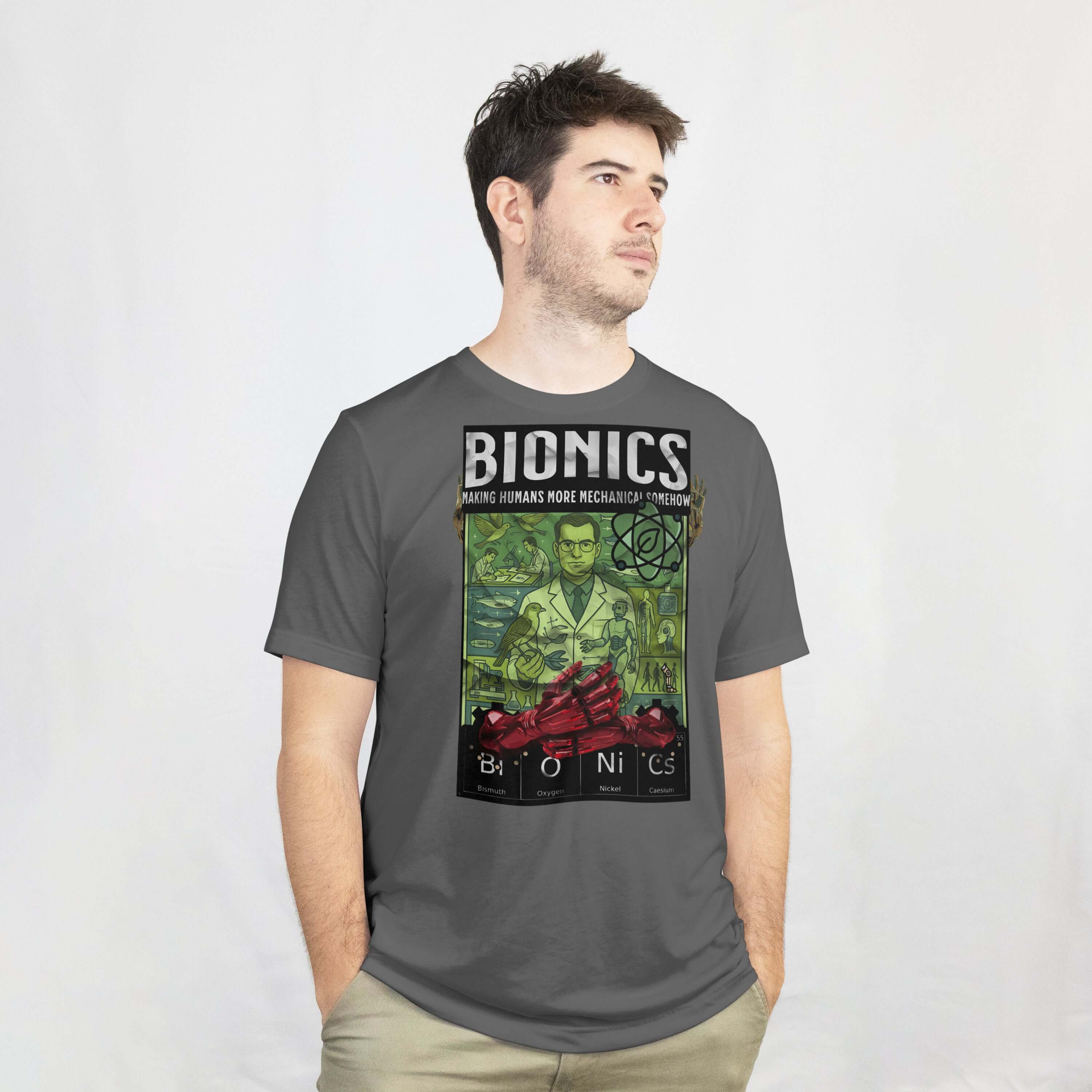 Alt Tag: Bionics T-Shirt featuring scientist in vintage laboratory, symbolizing human enhancement and bioengineering.