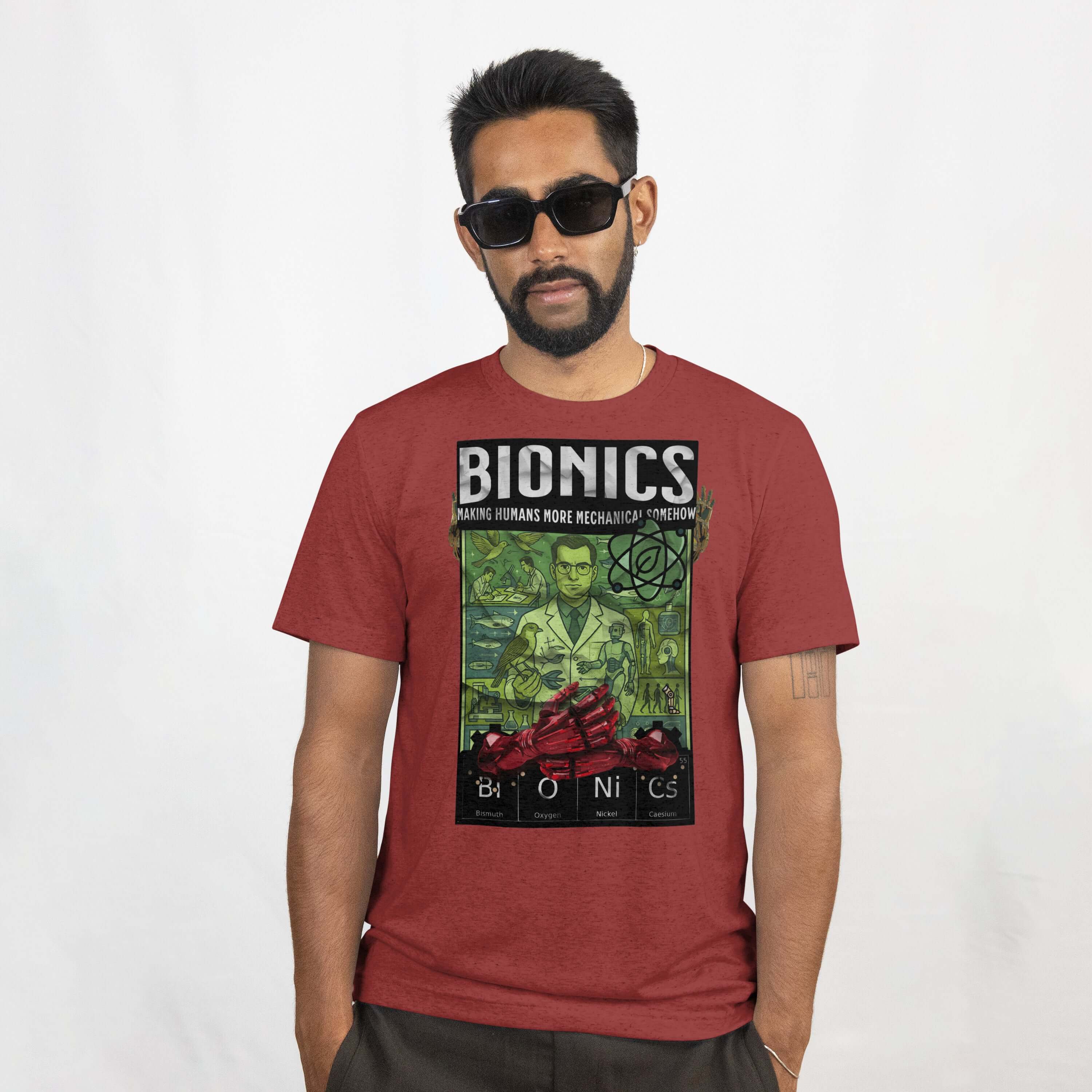 Man wearing Bionics T-Shirt featuring vintage bioengineering poster design.