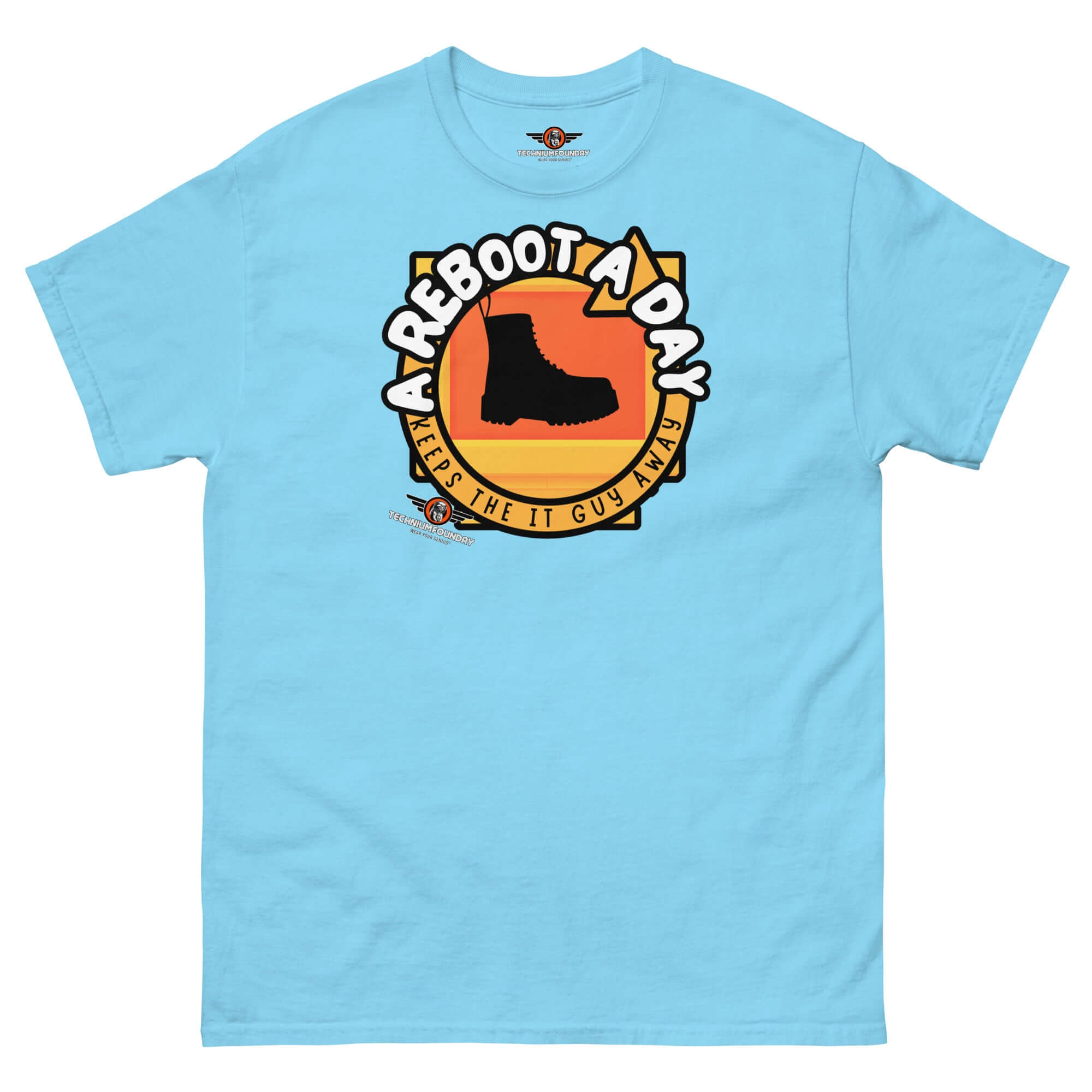 A Reboot A Day IT Support Humor T-Shirt with combat boot design, sunset background, and tech help desk theme.