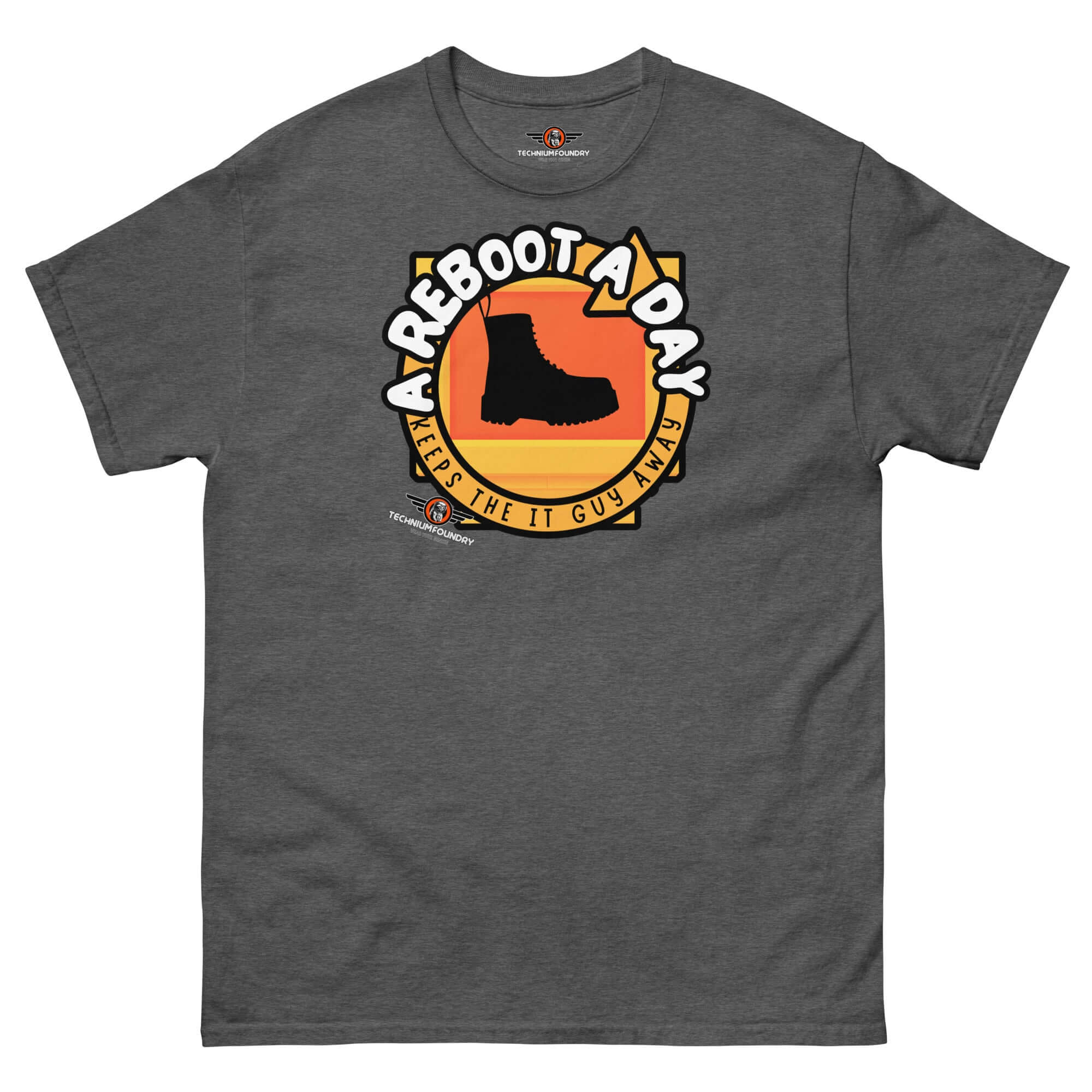 Humor T-shirt with IT support theme, featuring 'A Reboot A Day' text and a combat boot design against a sunset background.